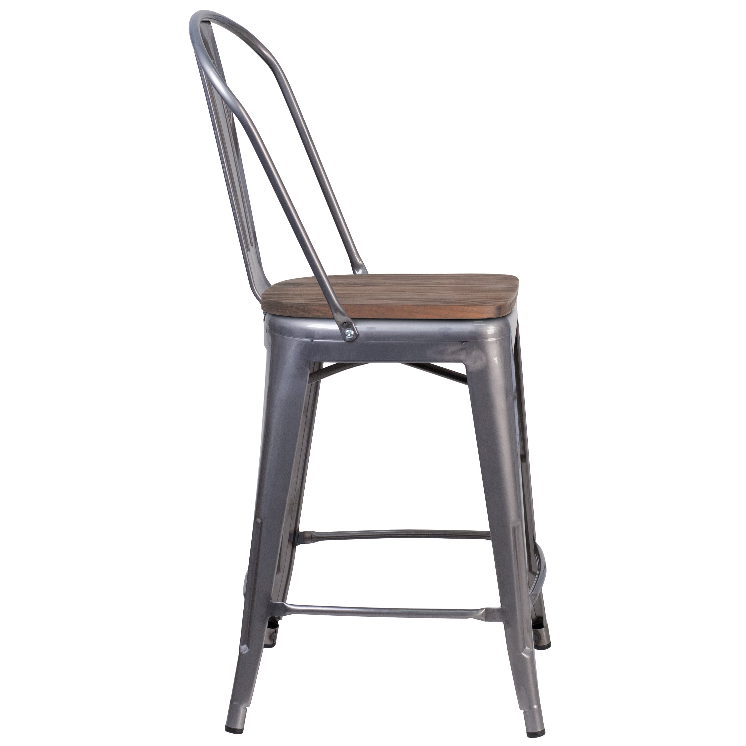 Lincoln 24" High Silver Antique Finish with Clear Coat Counter Height Stool with Back and Wood Seat