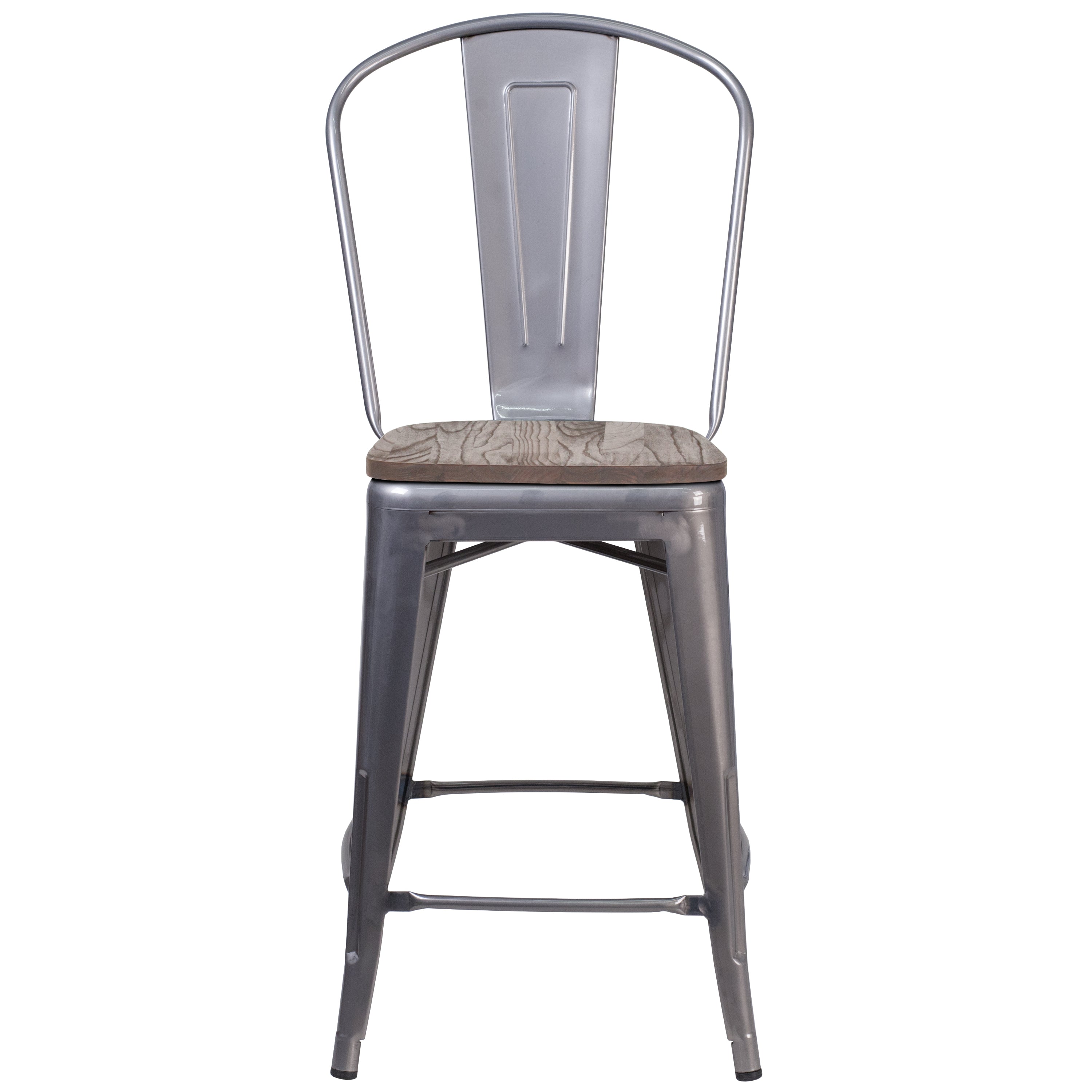 Lincoln 24" High Silver Antique Finish with Clear Coat Counter Height Stool with Back and Wood Seat