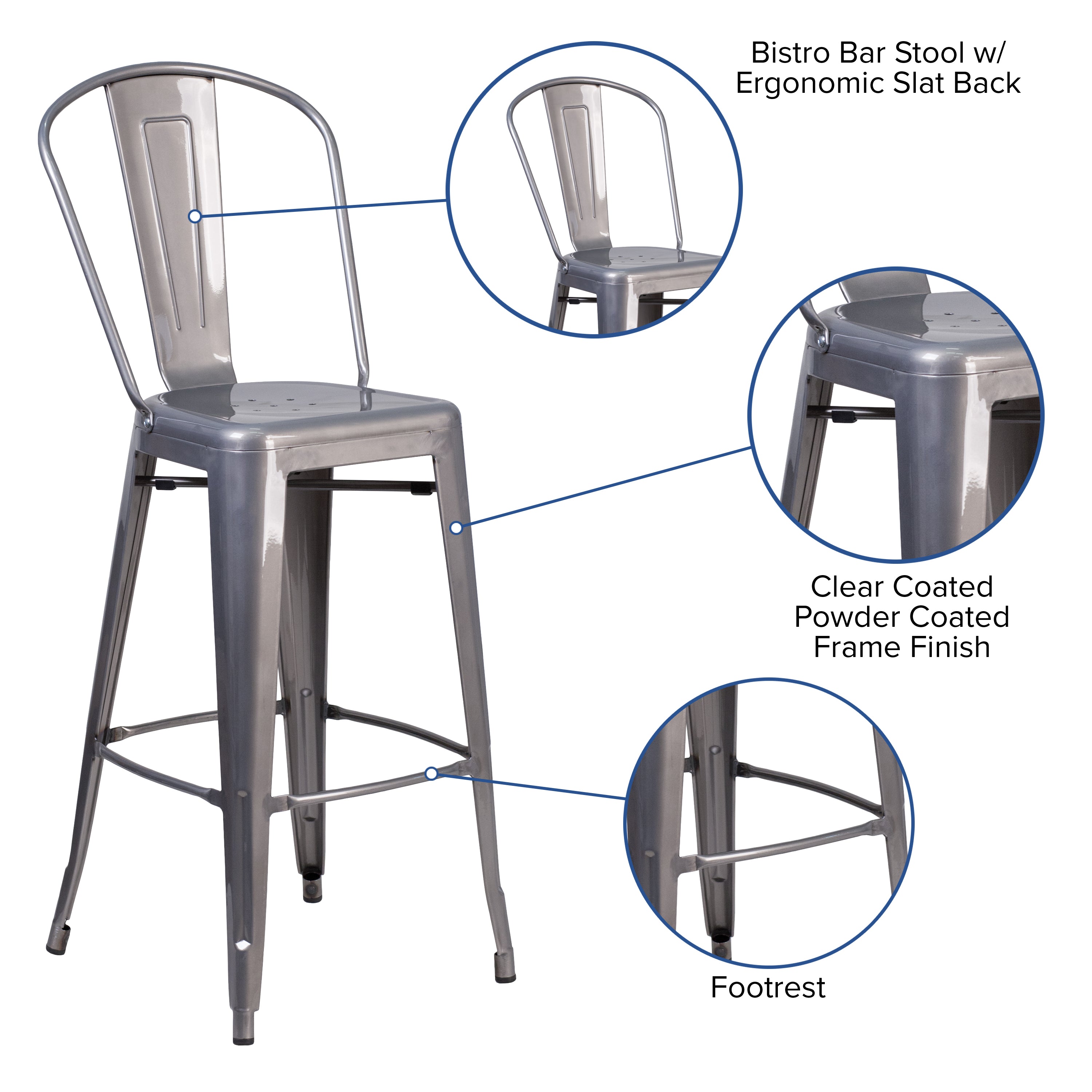 Lincoln 30'' High Silver Antique Finish with Clear Coat Indoor Barstool with Back