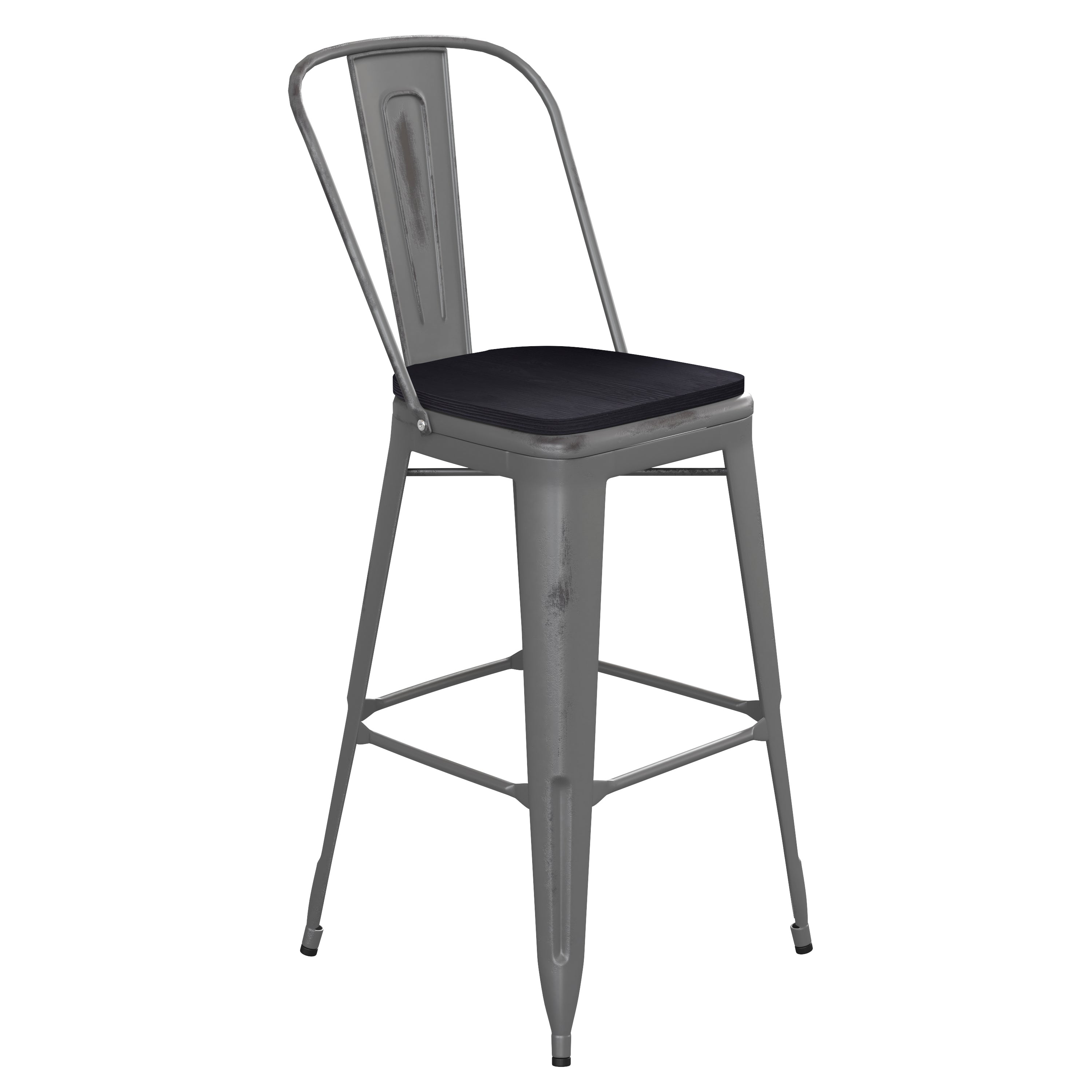 Lincoln 30'' High Silver Antique Finish with Clear Coat Indoor Barstool with Back and Black Poly Resin Wood Seat