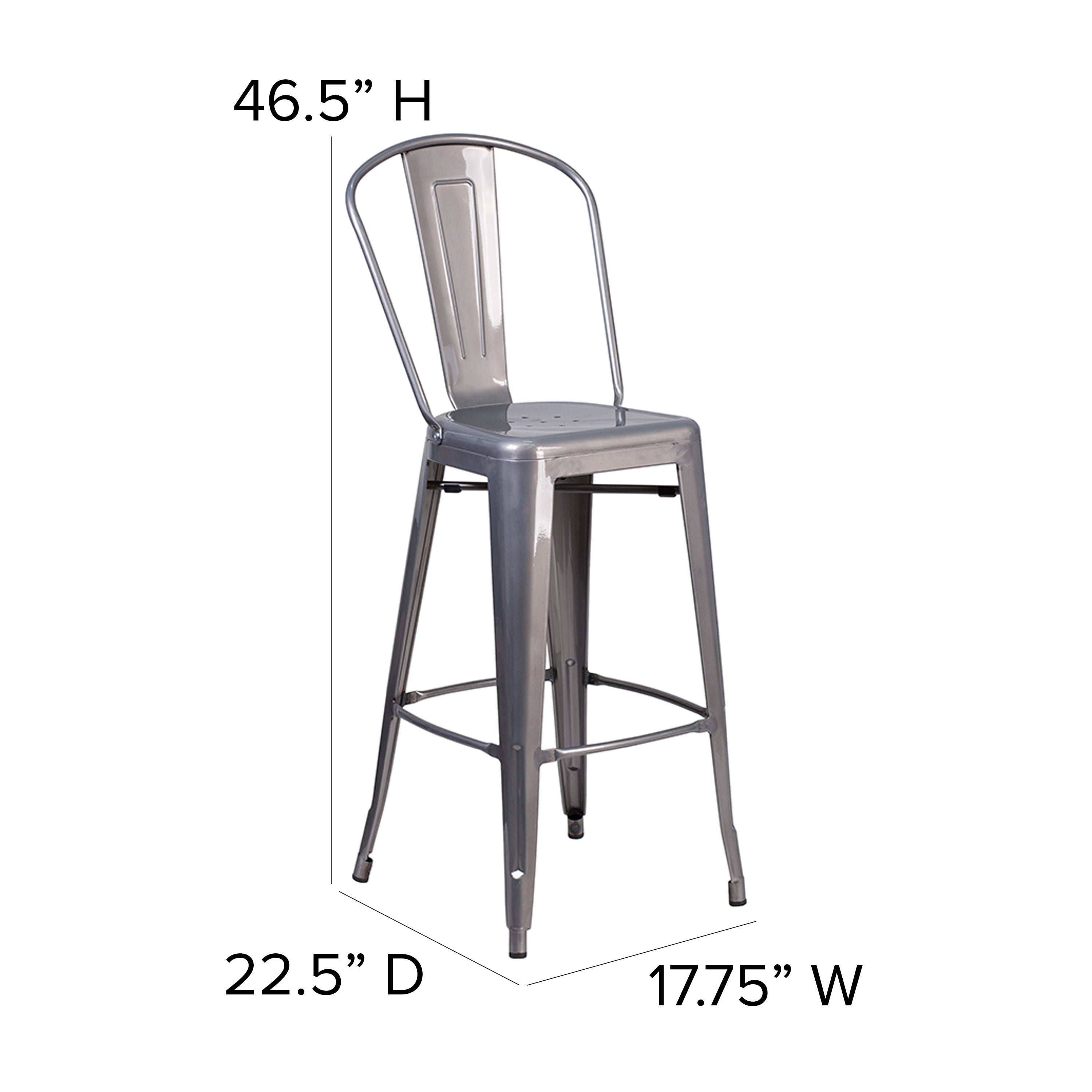 Lincoln 30'' High Silver Antique Finish with Clear Coat Indoor Barstool with Back and Black Poly Resin Wood Seat