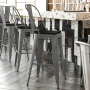 Lincoln 30'' High Silver Antique Finish with Clear Coat Indoor Barstool with Back and Black Poly Resin Wood Seat