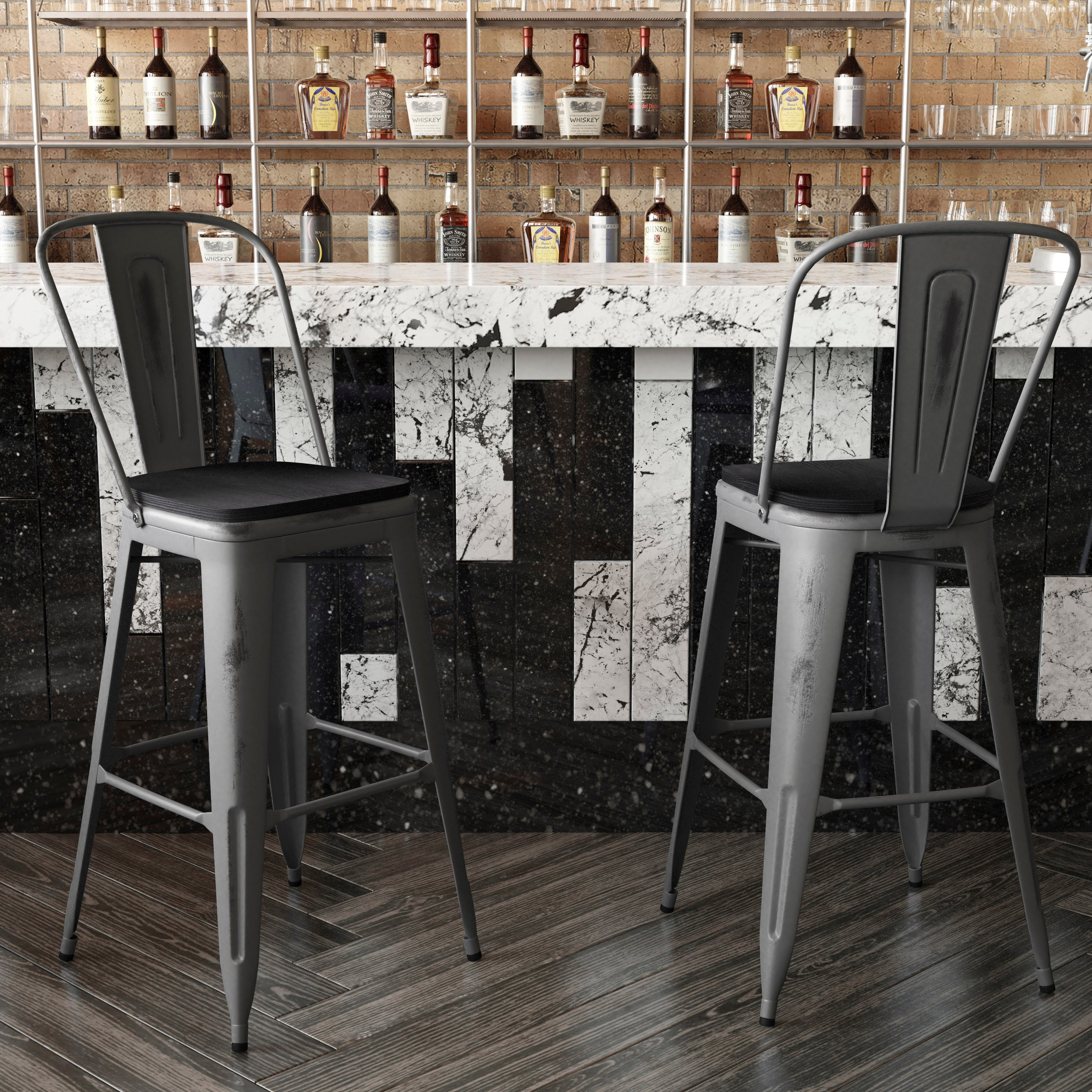 Lincoln 30'' High Silver Antique Finish with Clear Coat Indoor Barstool with Back and Black Poly Resin Wood Seat