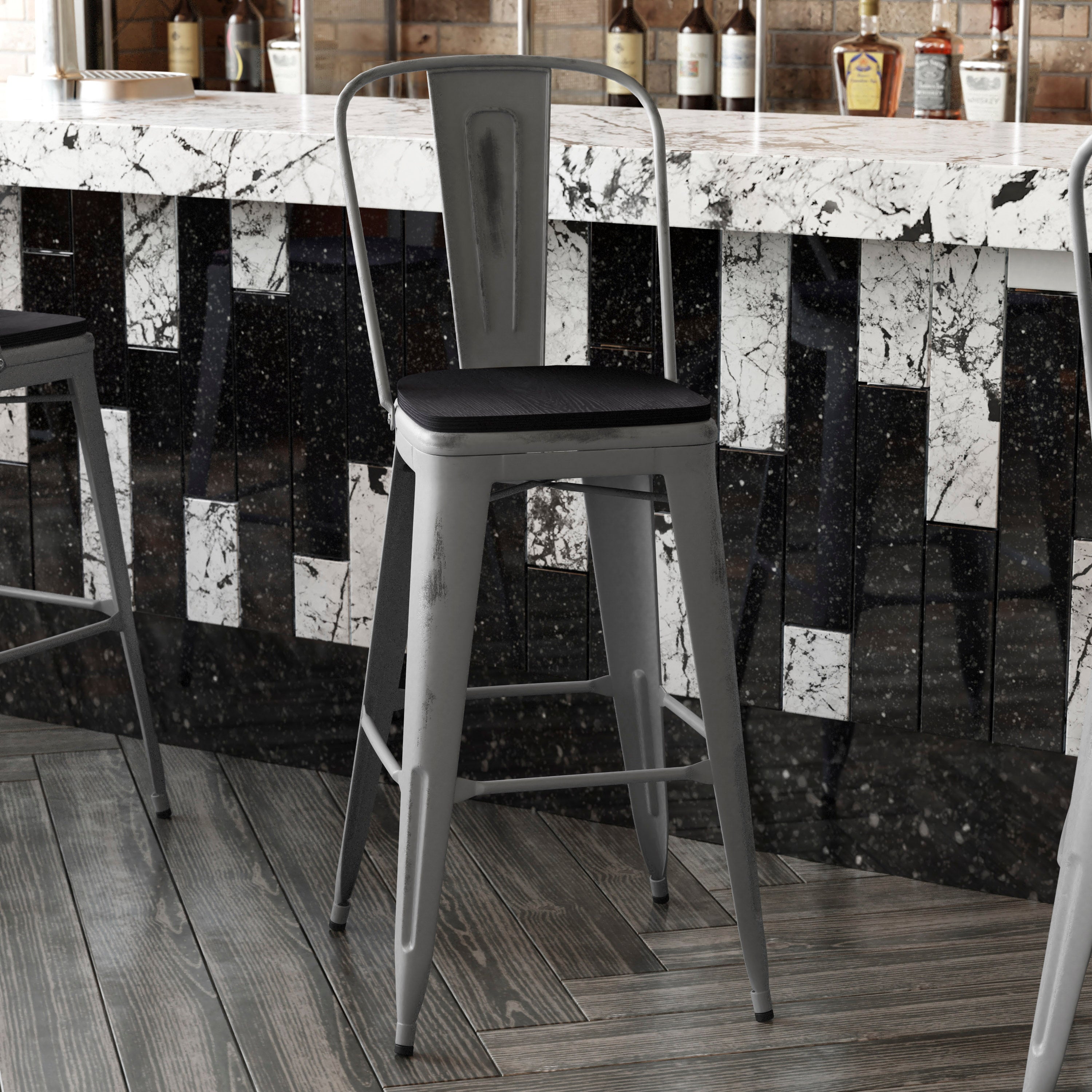 Lincoln 30'' High Silver Antique Finish with Clear Coat Indoor Barstool with Back and Black Poly Resin Wood Seat