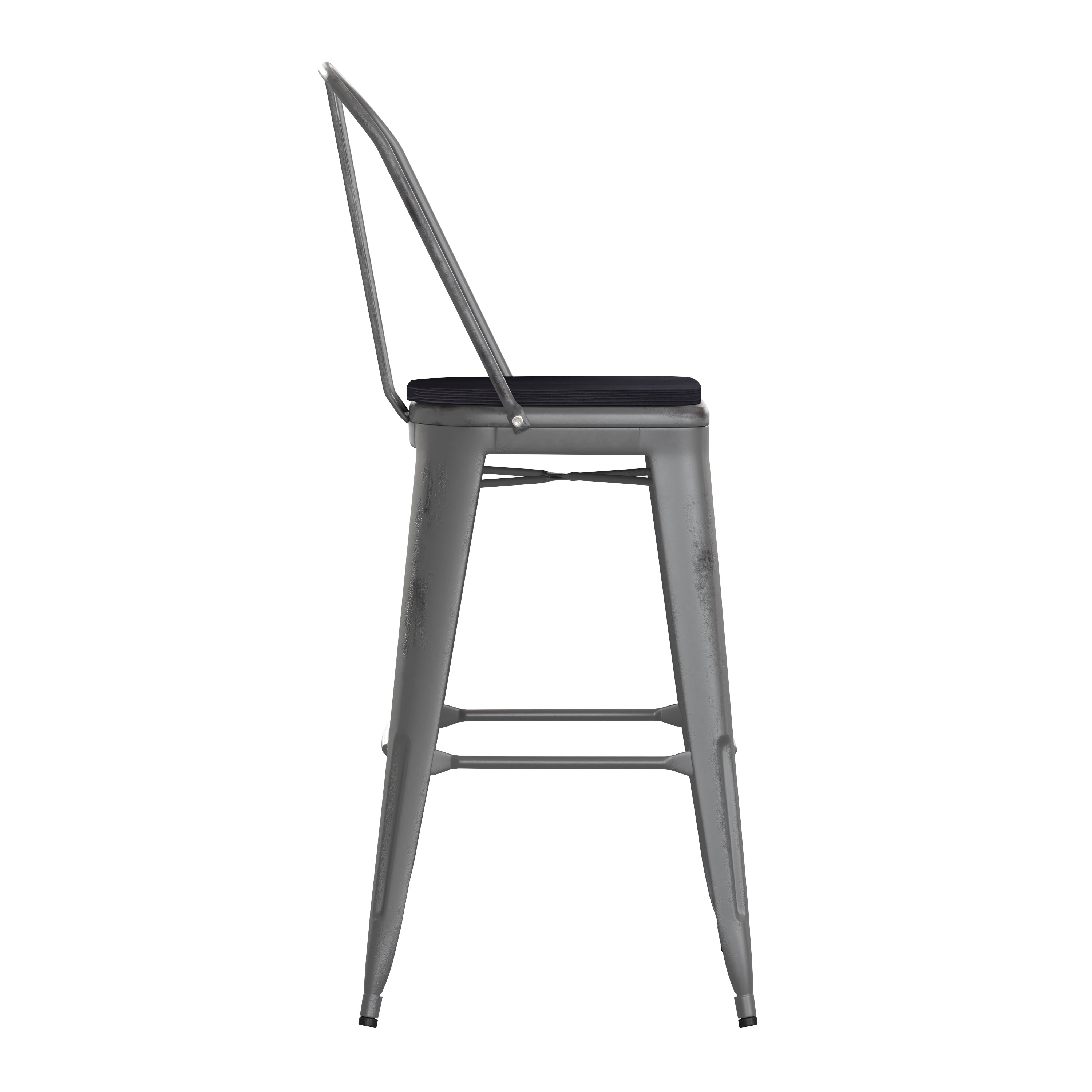 Lincoln 30'' High Silver Antique Finish with Clear Coat Indoor Barstool with Back and Black Poly Resin Wood Seat