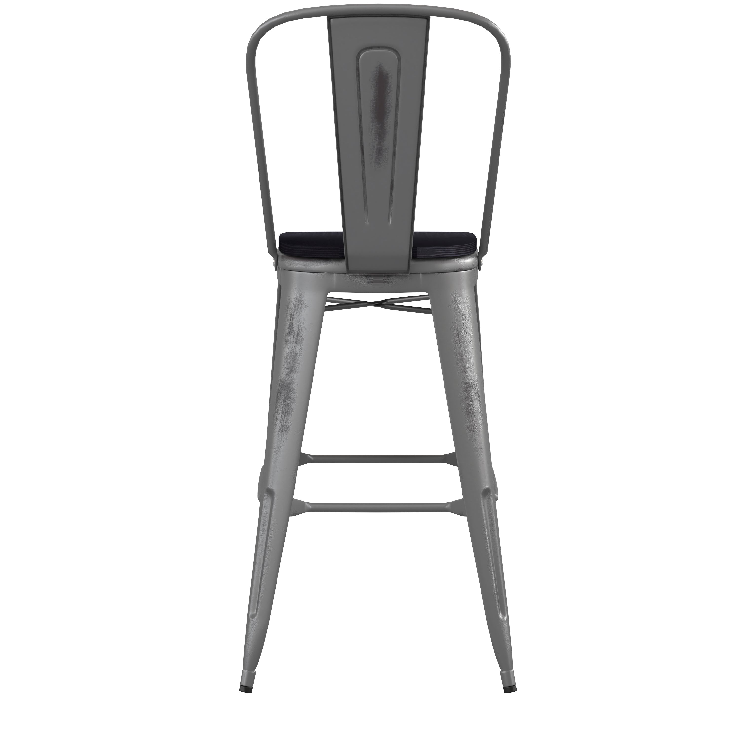 Lincoln 30'' High Silver Antique Finish with Clear Coat Indoor Barstool with Back and Black Poly Resin Wood Seat
