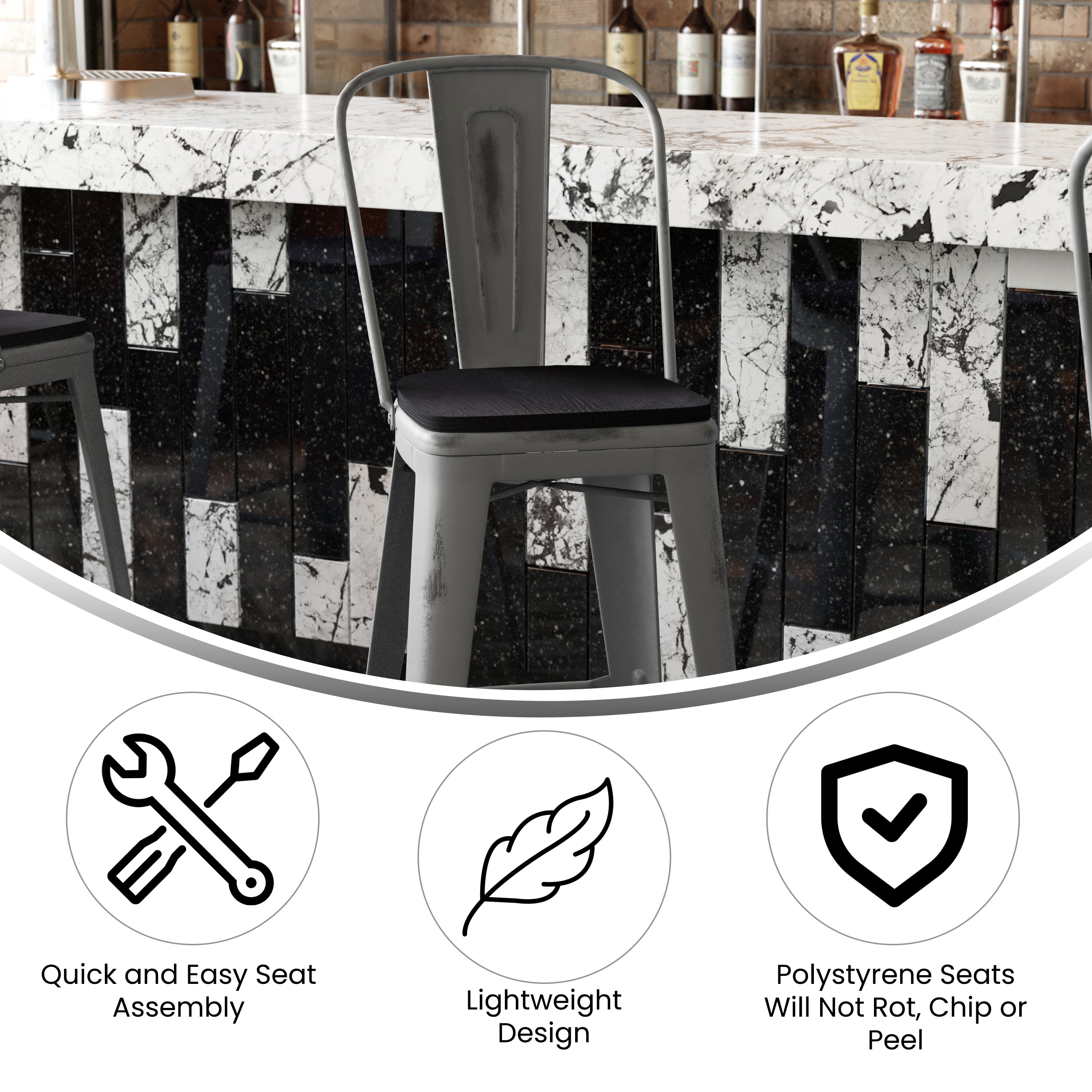 Lincoln 30'' High Silver Antique Finish with Clear Coat Indoor Barstool with Back and Black Poly Resin Wood Seat