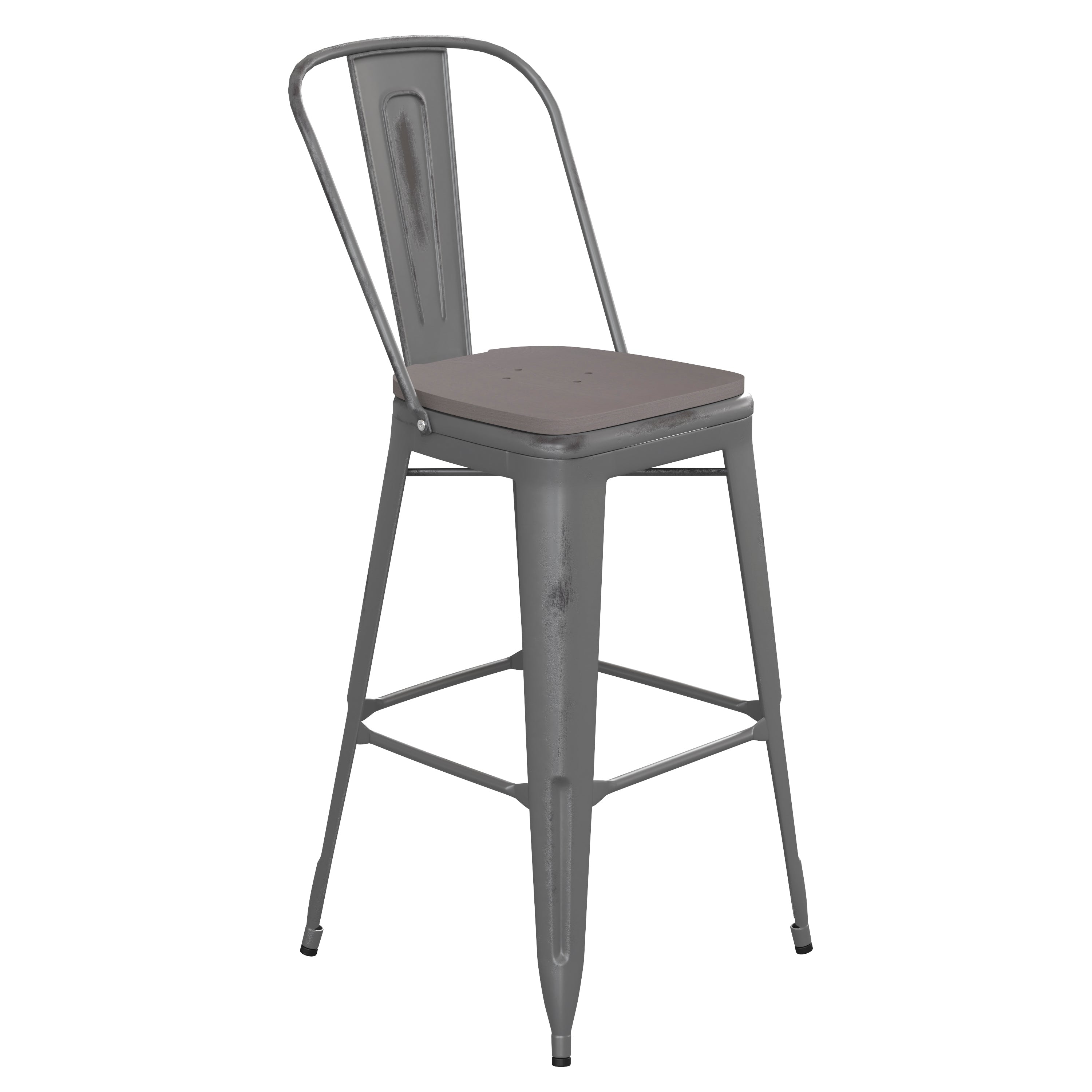 Lincoln 30'' High Silver Antique Finish with Clear Coat Indoor Barstool with Back and Gray Poly Resin Wood Seat