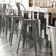 Lincoln 30'' High Silver Antique Finish with Clear Coat Indoor Barstool with Back and Gray Poly Resin Wood Seat
