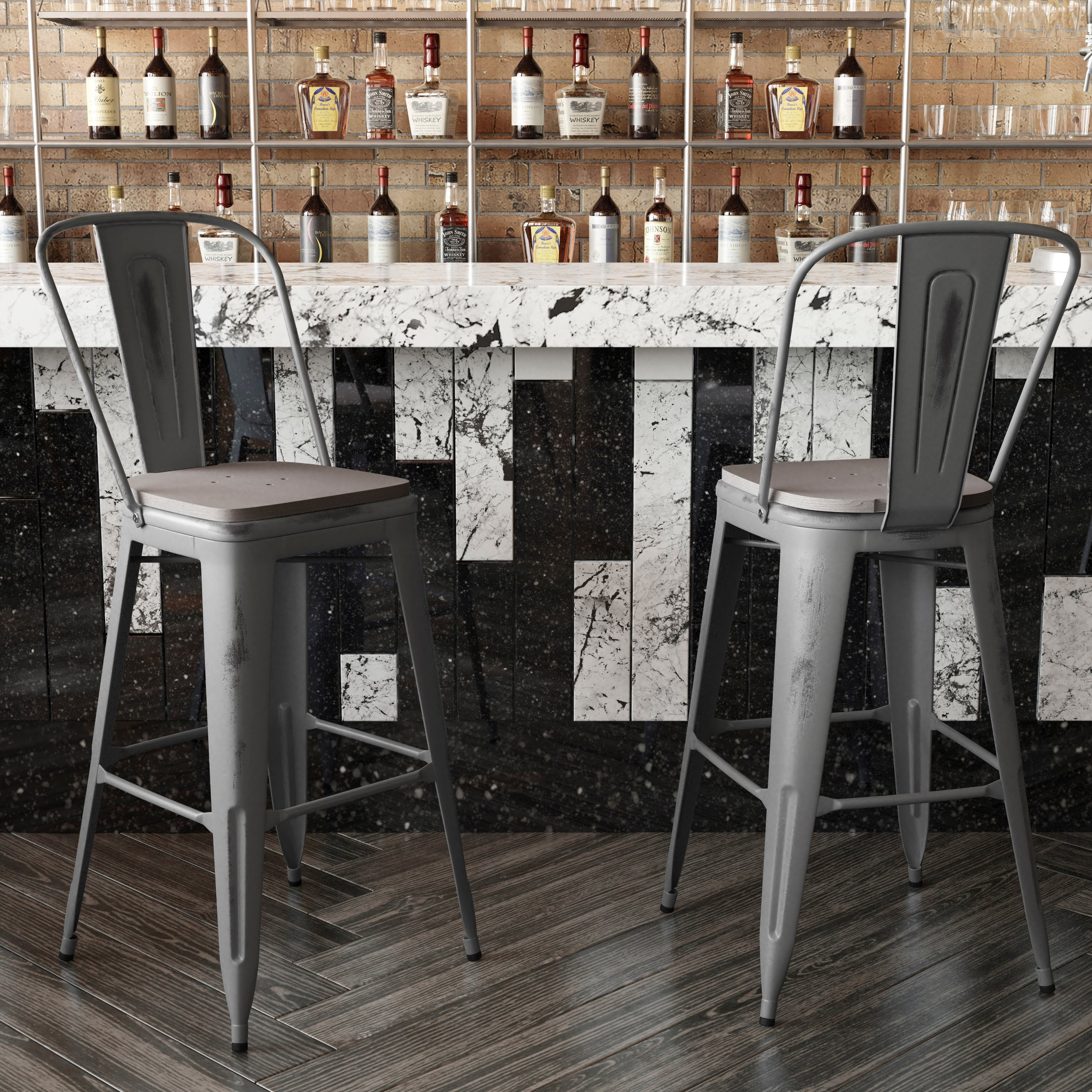 Lincoln 30'' High Silver Antique Finish with Clear Coat Indoor Barstool with Back and Gray Poly Resin Wood Seat