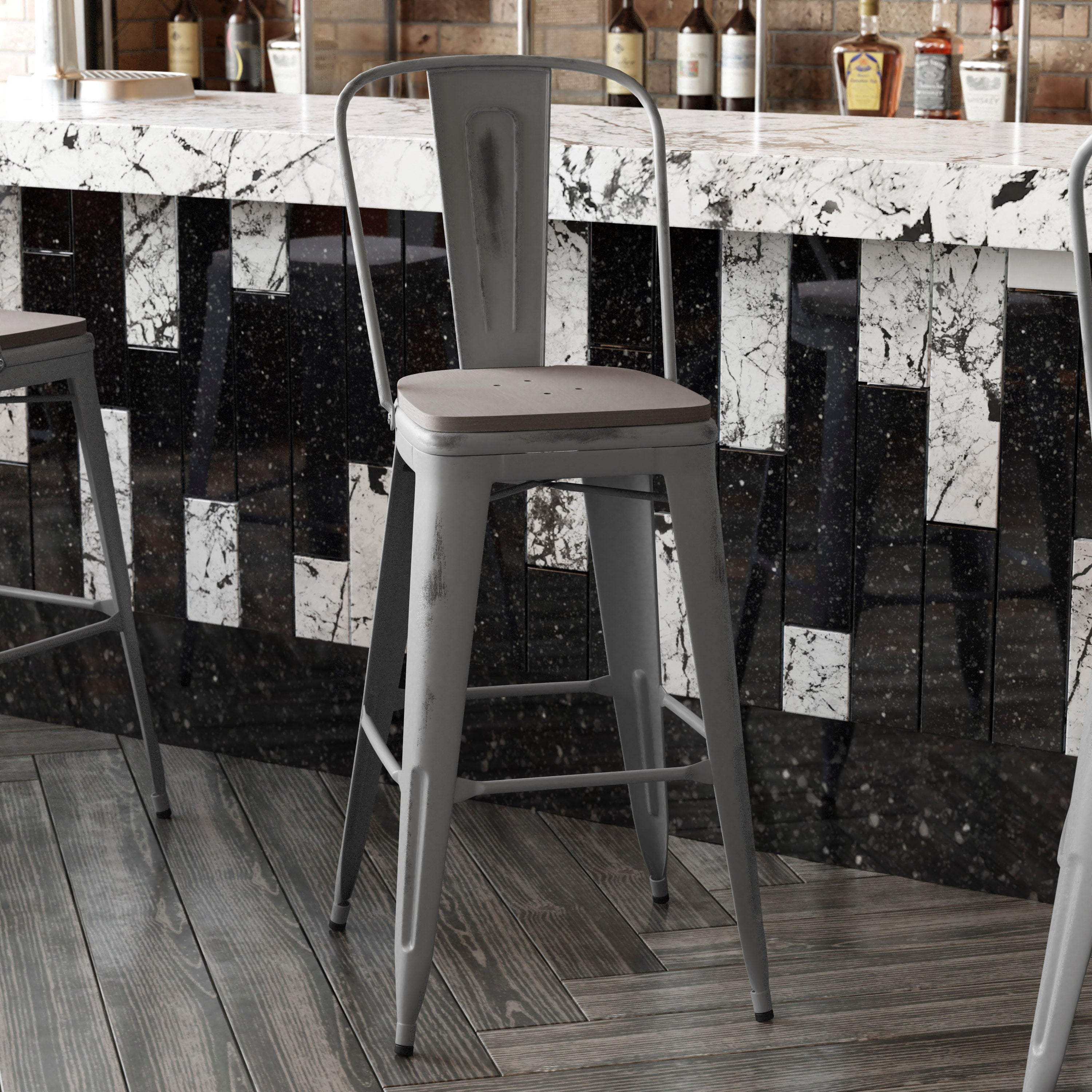 Lincoln 30'' High Silver Antique Finish with Clear Coat Indoor Barstool with Back and Gray Poly Resin Wood Seat