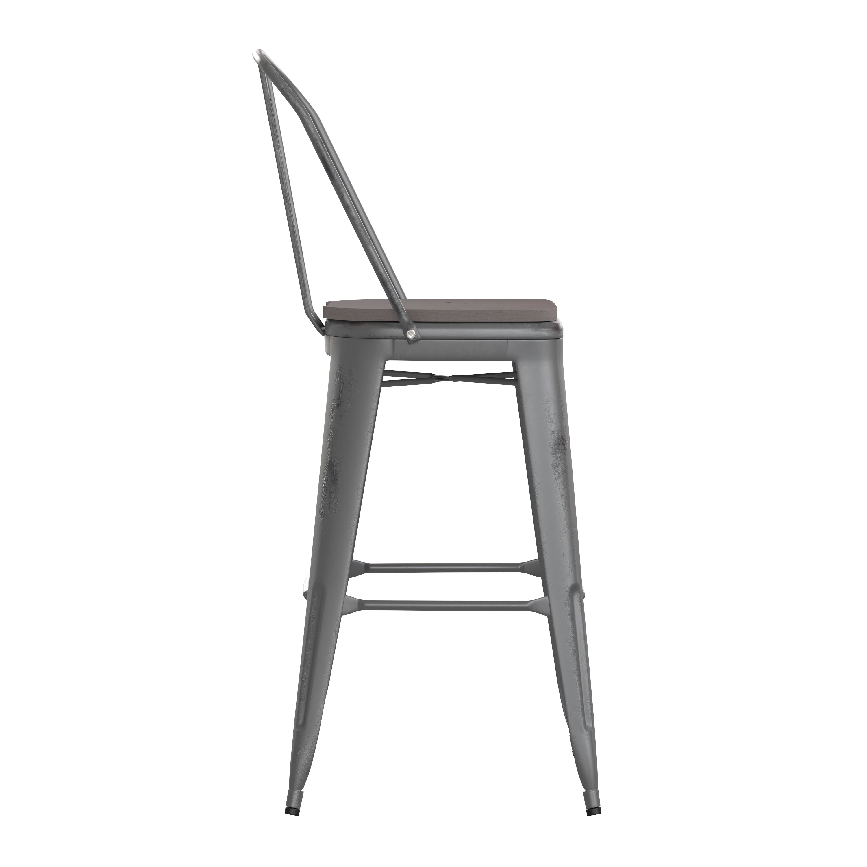Lincoln 30'' High Silver Antique Finish with Clear Coat Indoor Barstool with Back and Gray Poly Resin Wood Seat