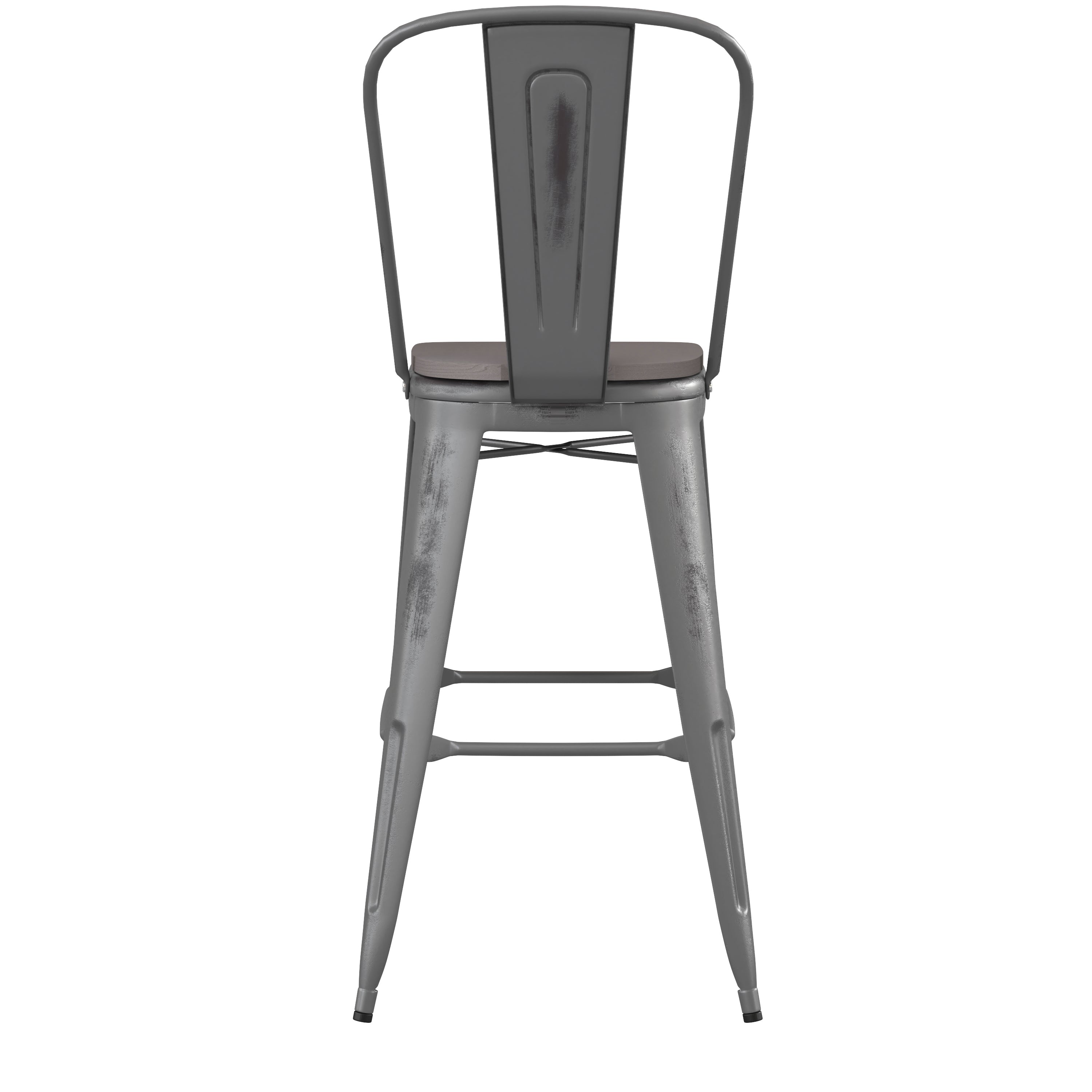 Lincoln 30'' High Silver Antique Finish with Clear Coat Indoor Barstool with Back and Gray Poly Resin Wood Seat