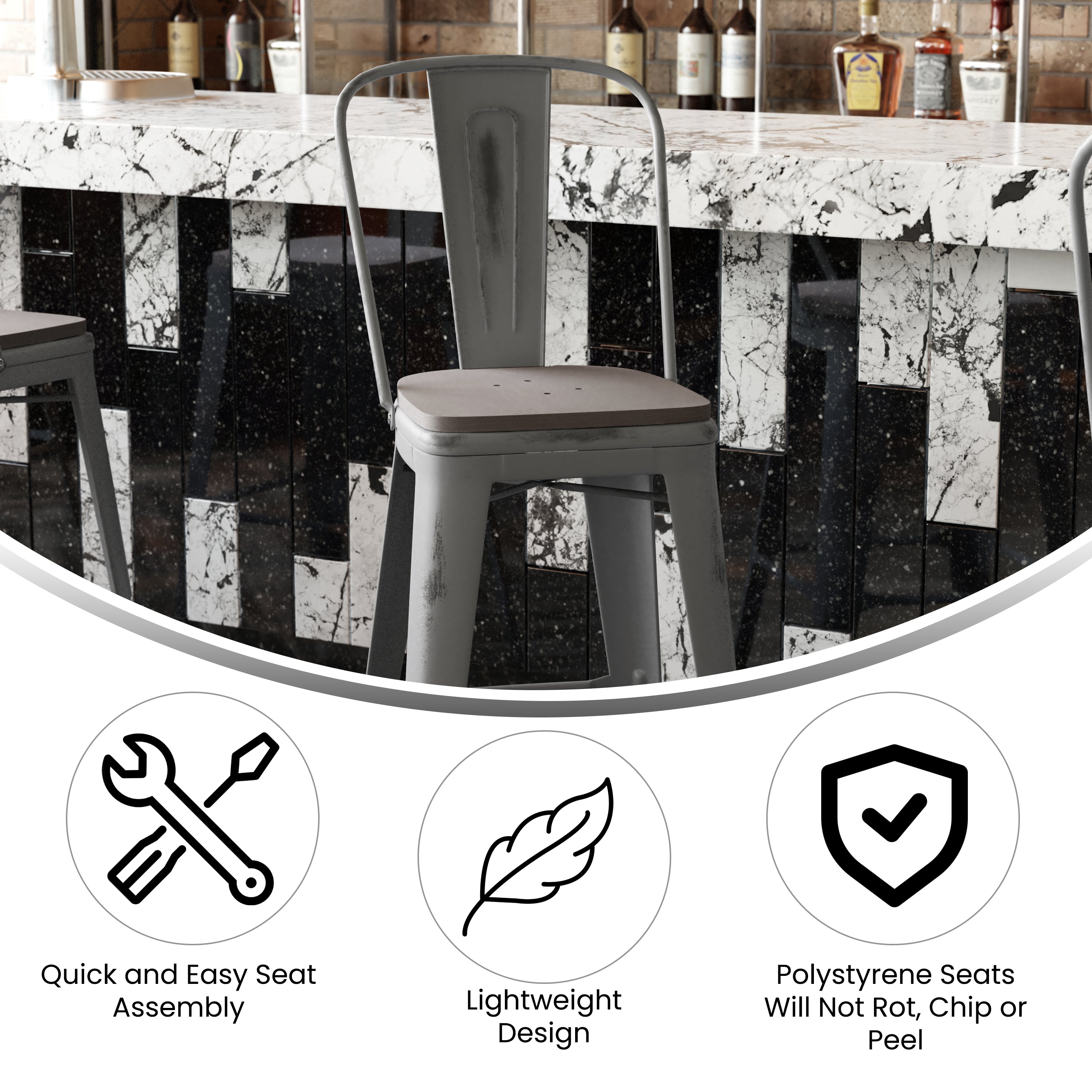 Lincoln 30'' High Silver Antique Finish with Clear Coat Indoor Barstool with Back and Gray Poly Resin Wood Seat