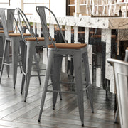 Lincoln 30'' High Silver Antique Finish with Clear Coat Indoor Barstool with Back and Teak Poly Resin Wood Seat