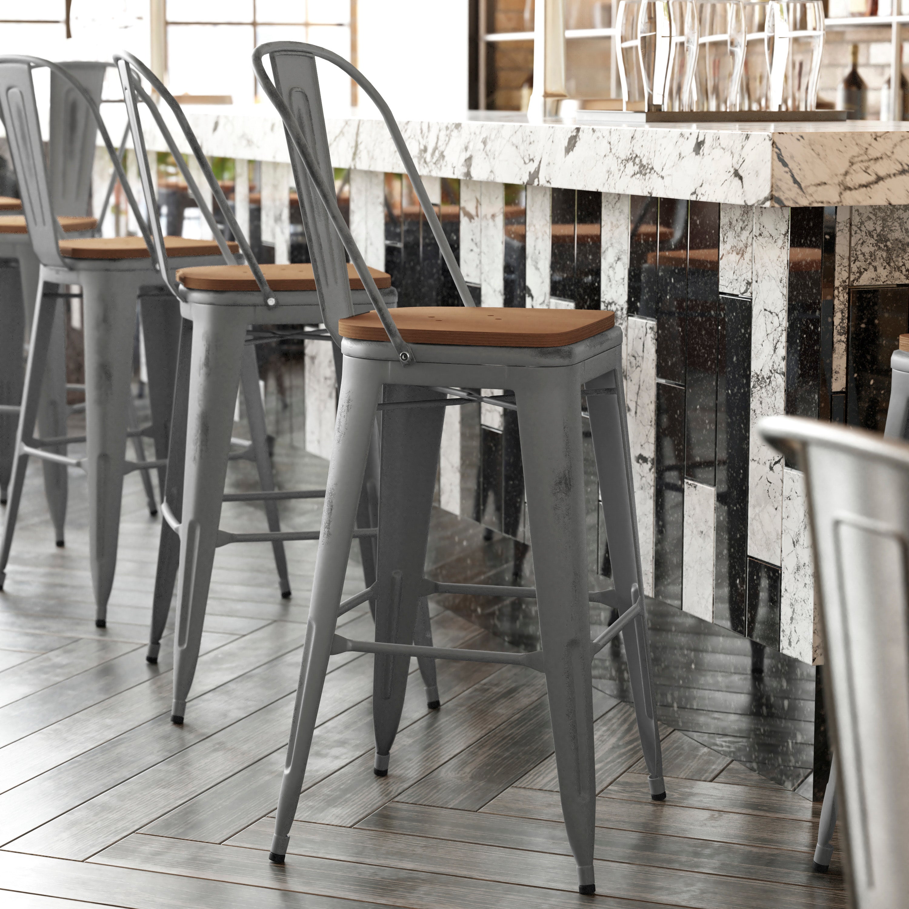 Lincoln 30'' High Silver Antique Finish with Clear Coat Indoor Barstool with Back and Teak Poly Resin Wood Seat