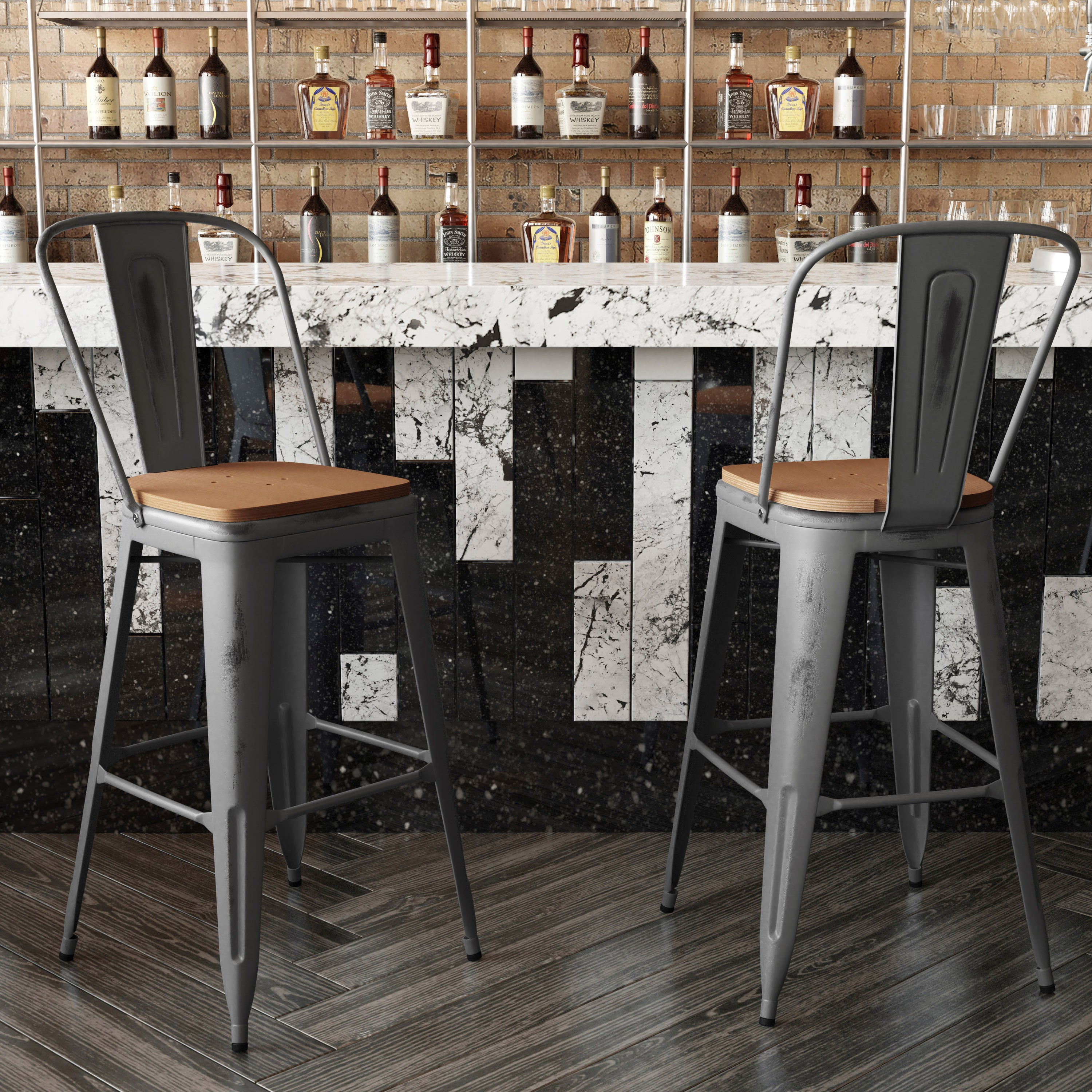 Lincoln 30'' High Silver Antique Finish with Clear Coat Indoor Barstool with Back and Teak Poly Resin Wood Seat