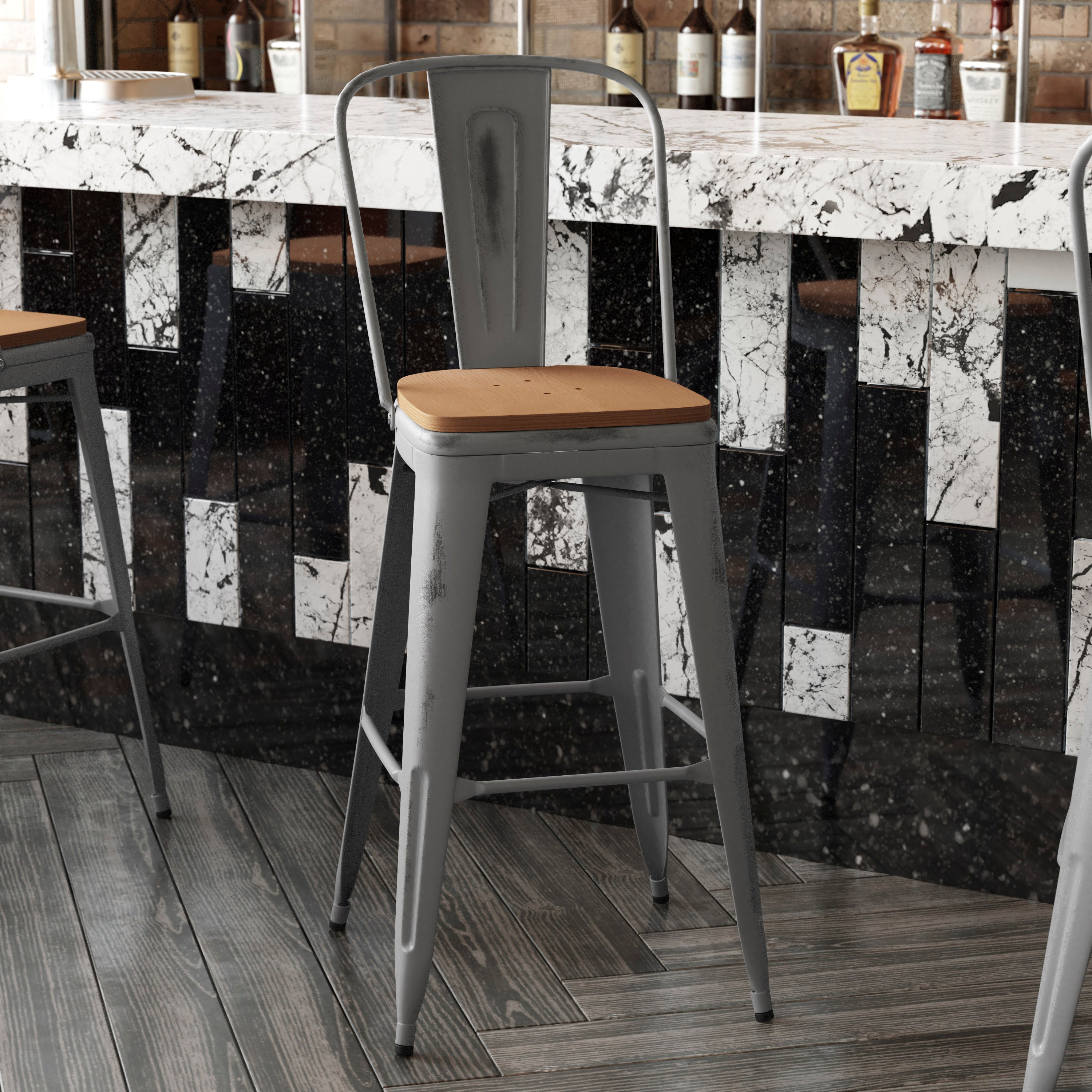 Lincoln 30'' High Silver Antique Finish with Clear Coat Indoor Barstool with Back and Teak Poly Resin Wood Seat
