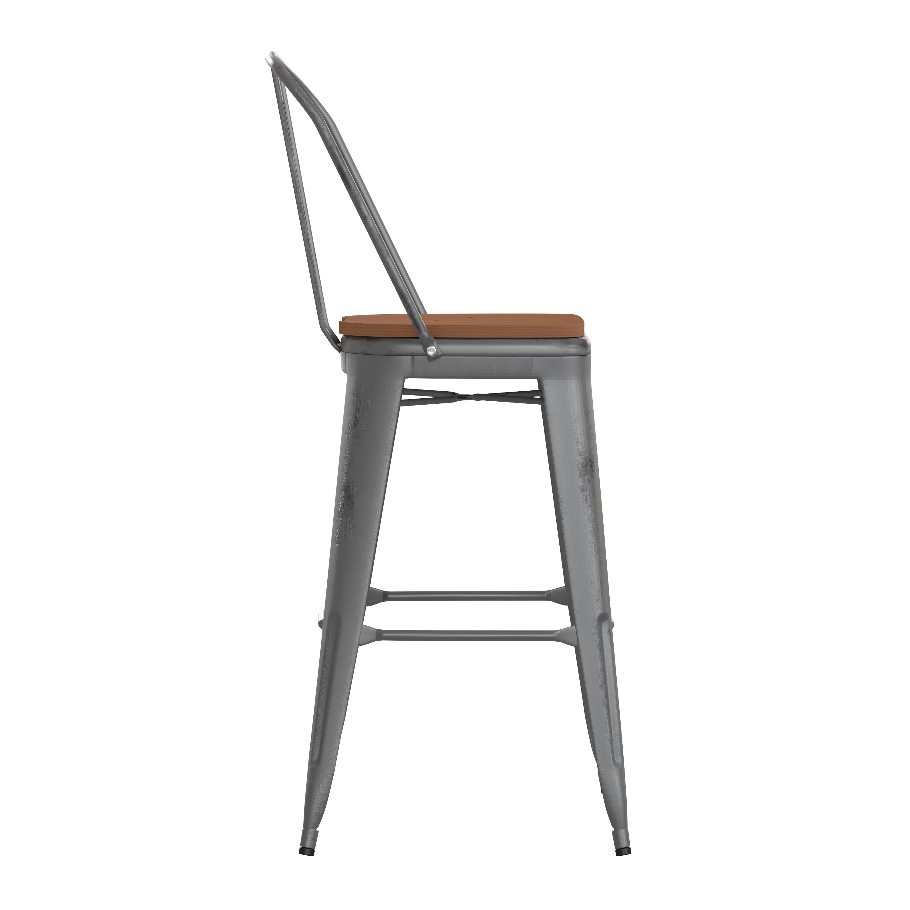 Lincoln 30'' High Silver Antique Finish with Clear Coat Indoor Barstool with Back and Teak Poly Resin Wood Seat