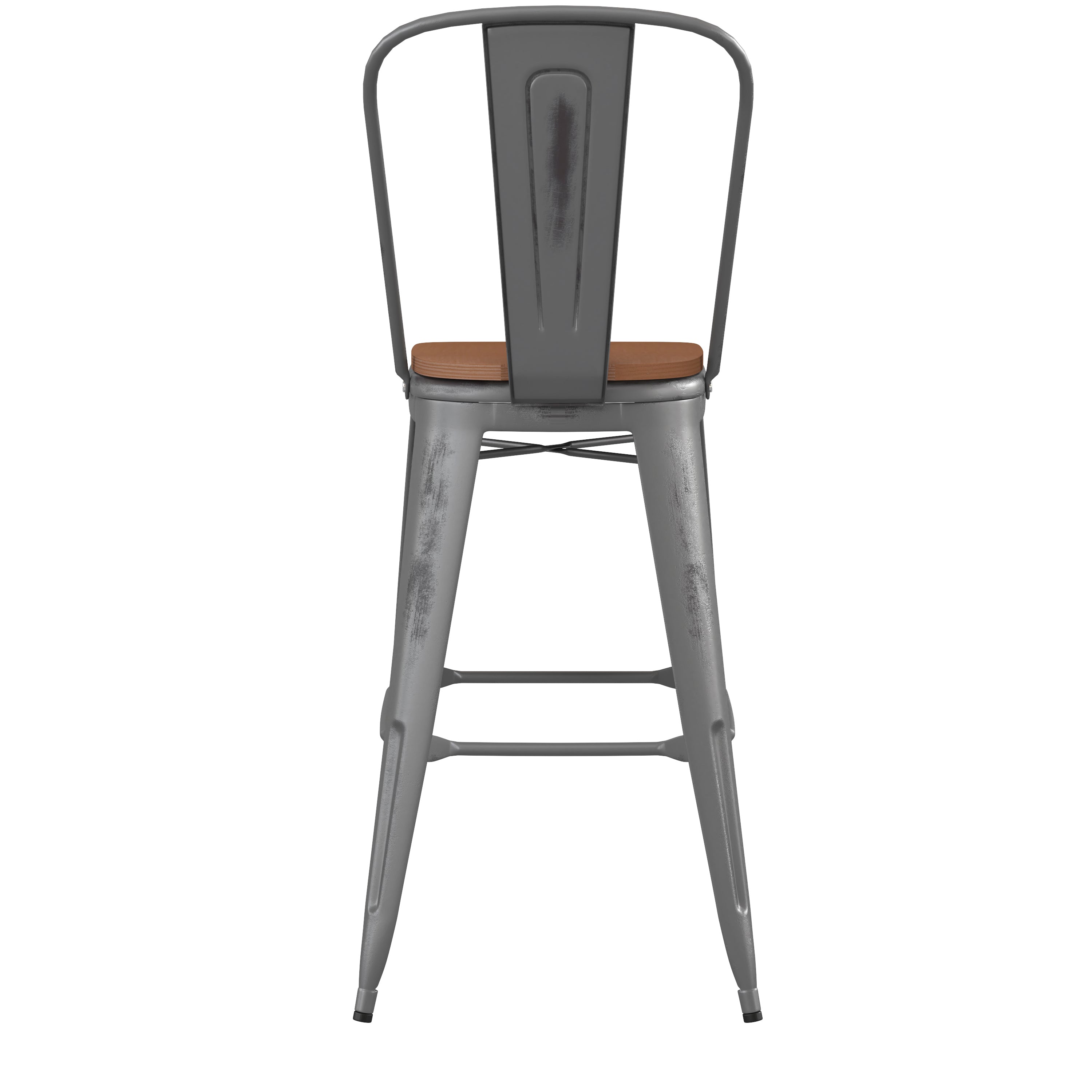 Lincoln 30'' High Silver Antique Finish with Clear Coat Indoor Barstool with Back and Teak Poly Resin Wood Seat