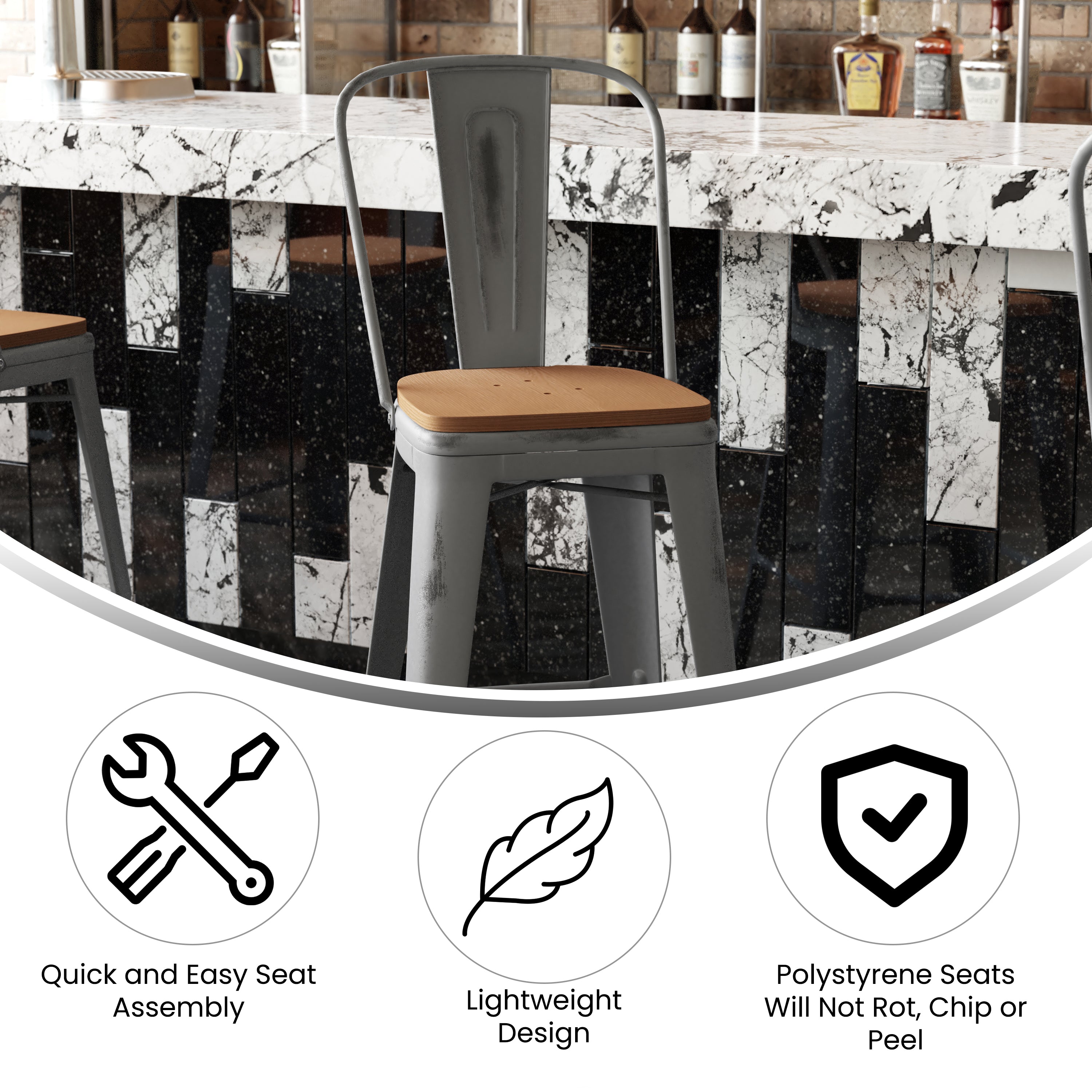 Lincoln 30'' High Silver Antique Finish with Clear Coat Indoor Barstool with Back and Teak Poly Resin Wood Seat