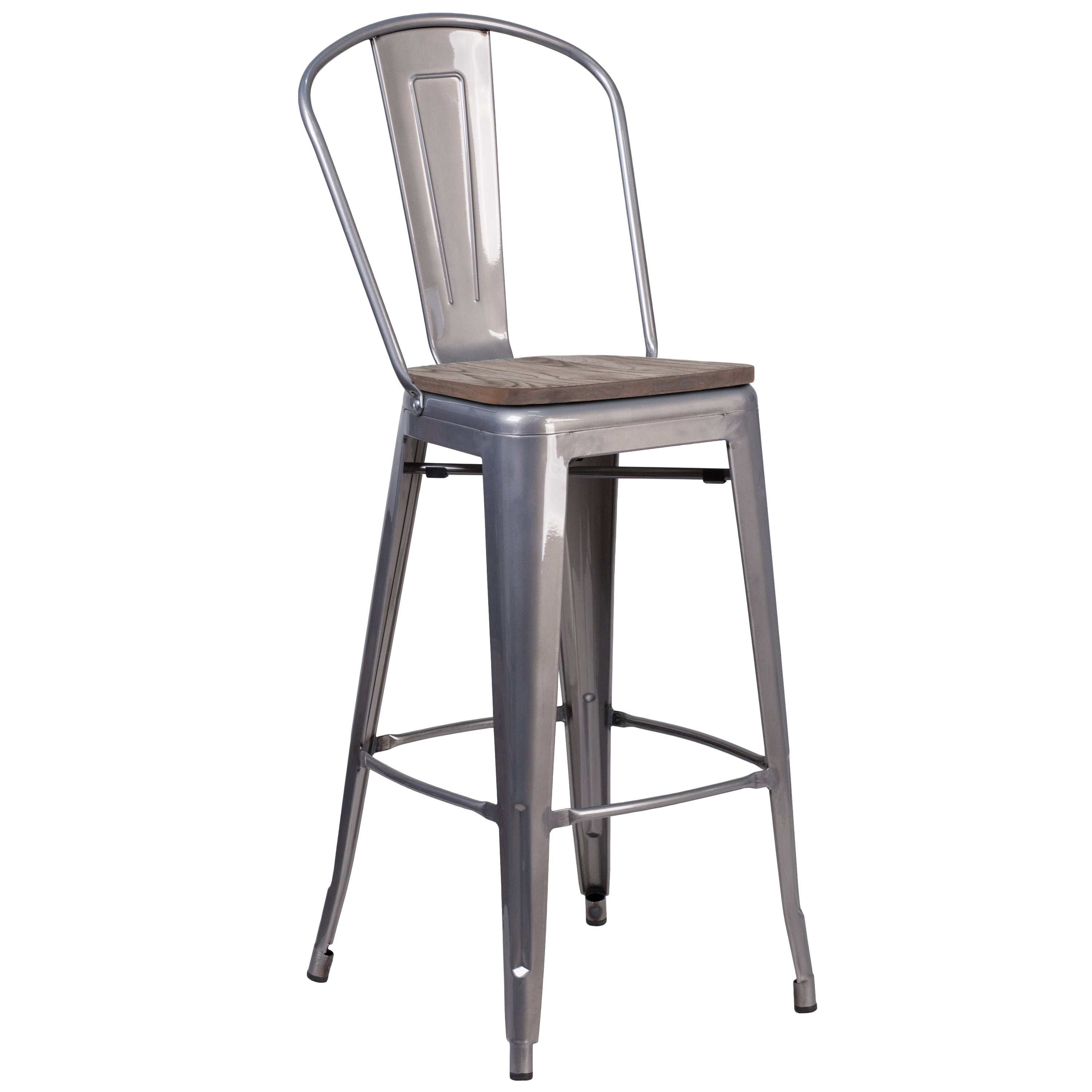 Lincoln 30" High Silver Antique Finish with Clear Coat Barstool with Back and Wood Seat