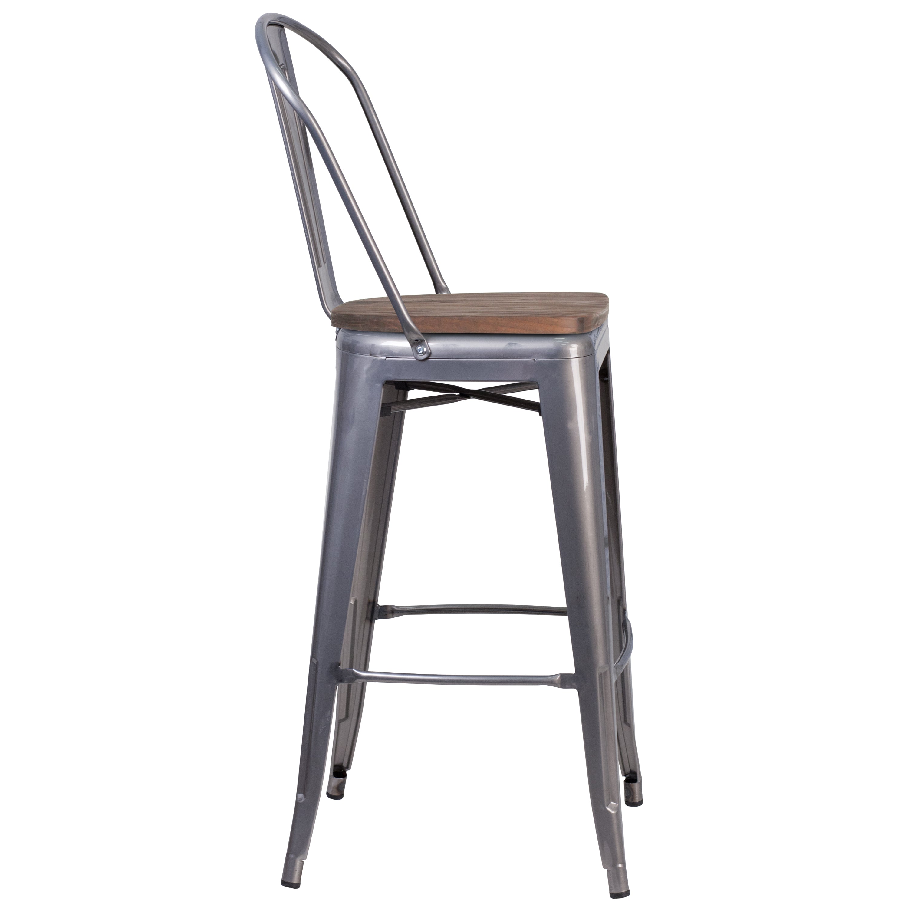 Lincoln 30" High Silver Antique Finish with Clear Coat Barstool with Back and Wood Seat