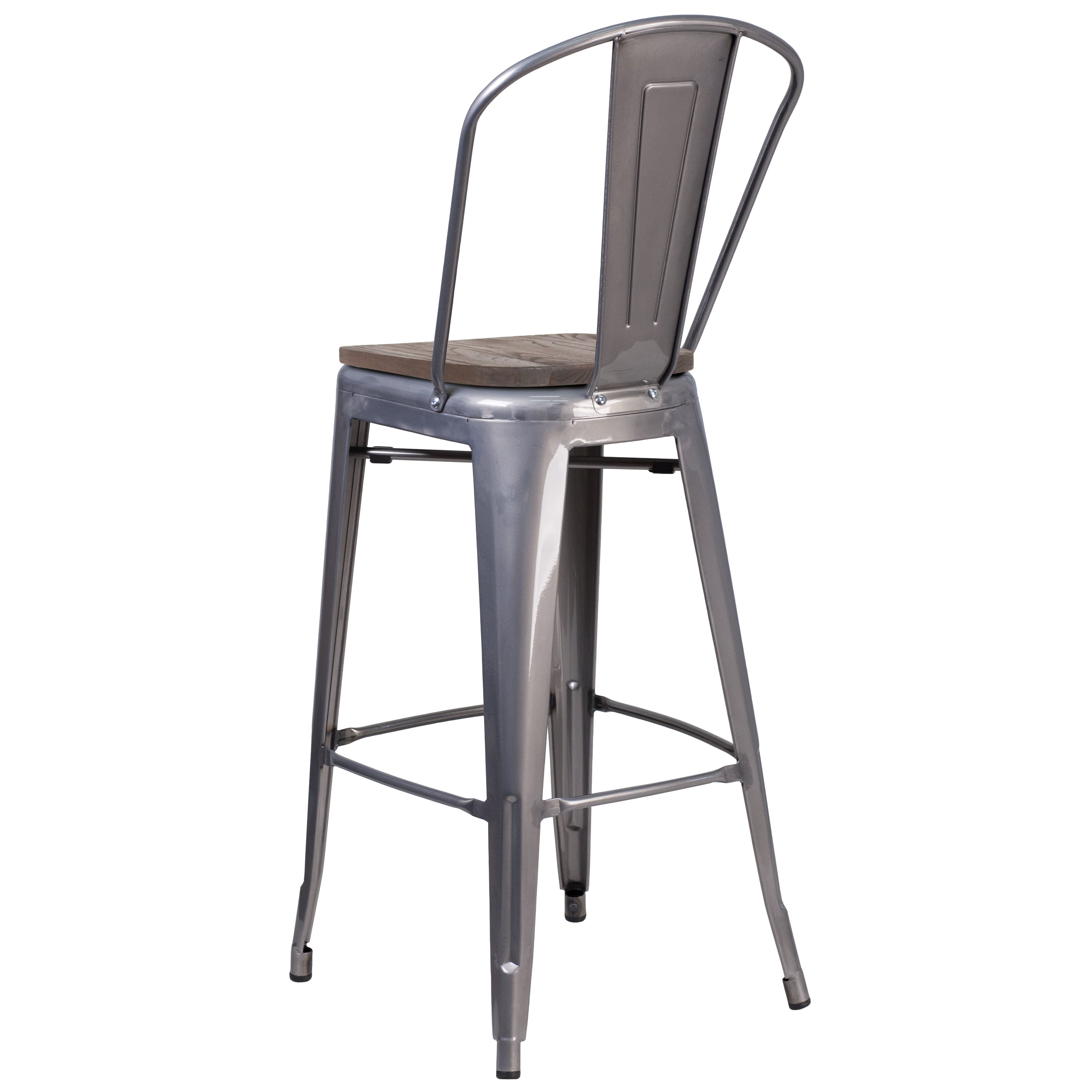 Lincoln 30" High Silver Antique Finish with Clear Coat Barstool with Back and Wood Seat