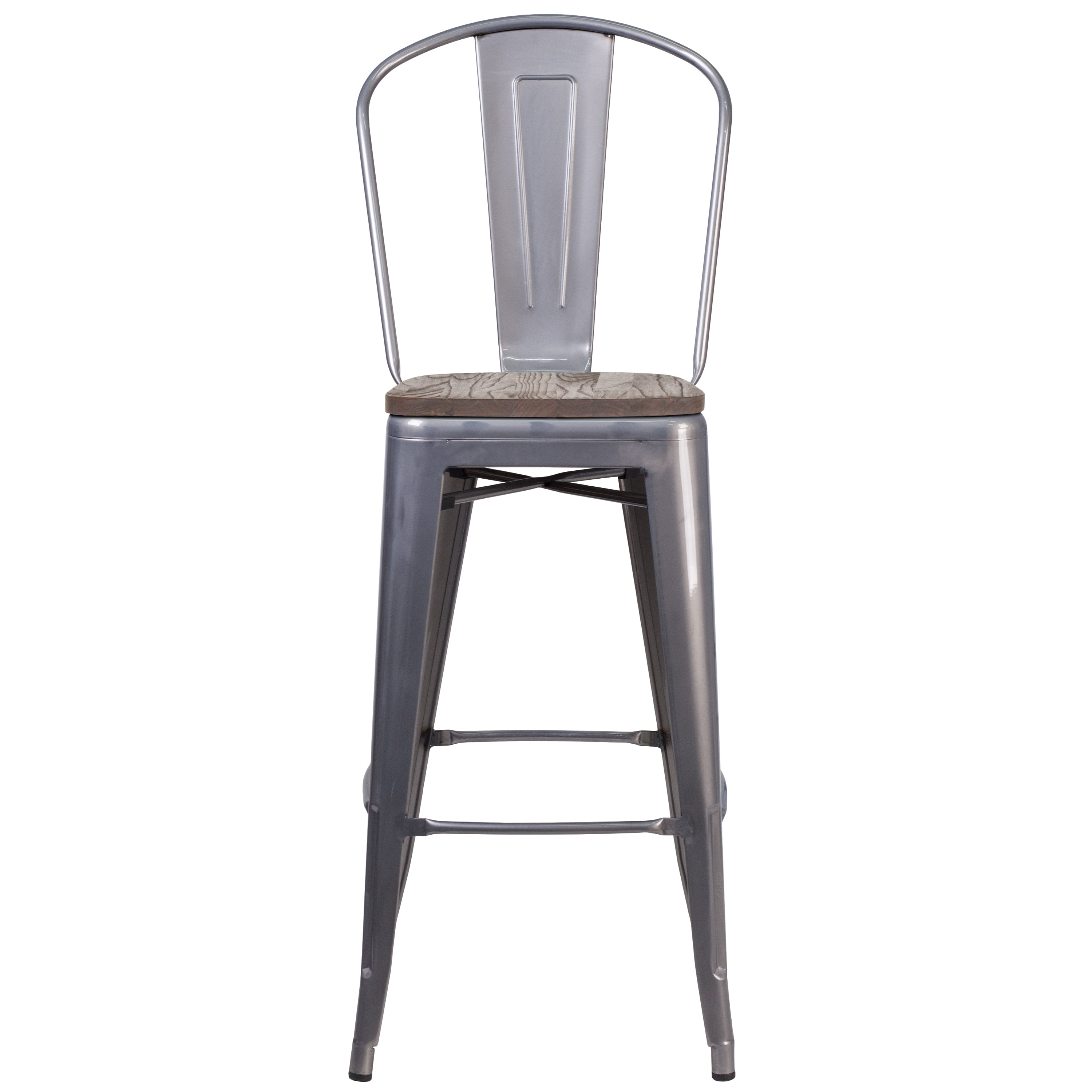 Lincoln 30" High Silver Antique Finish with Clear Coat Barstool with Back and Wood Seat