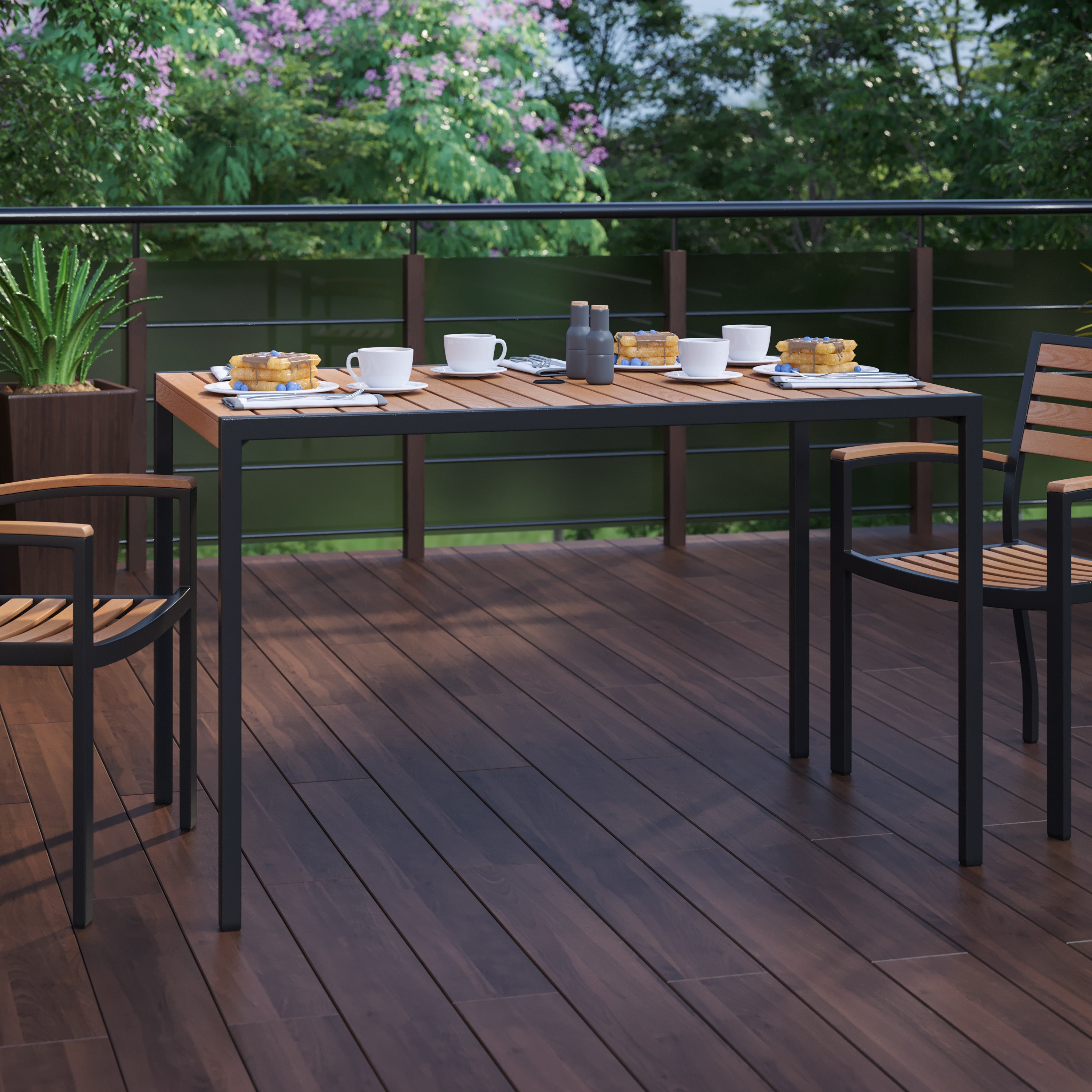 Lark Outdoor Dining Table with Synthetic Teak Poly Slats - 30" x 48" Steel Framed Restaurant Table with Umbrella Holder Hole