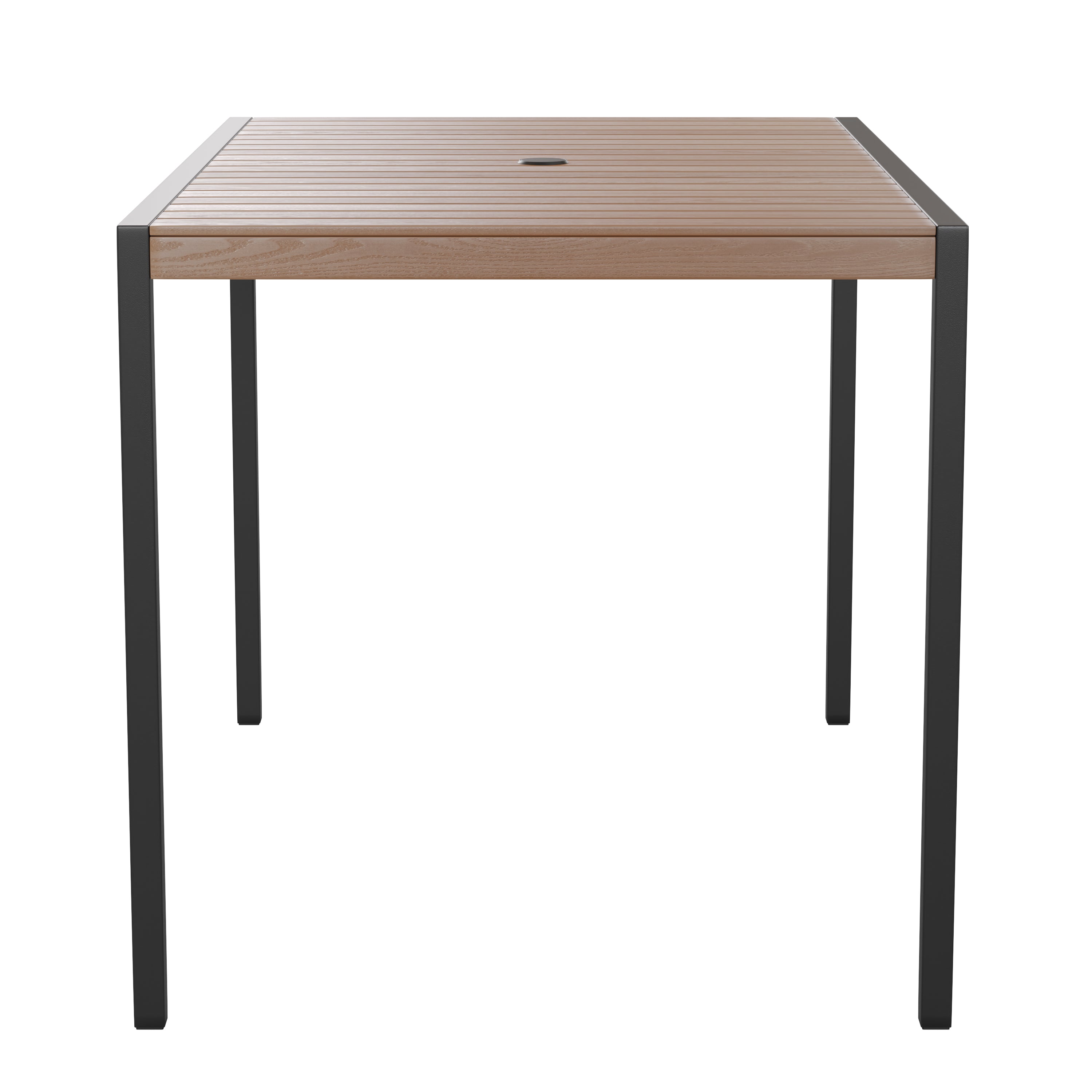 Lark Outdoor Dining Table with Synthetic Teak Poly Slats - 30" x 48" Steel Framed Restaurant Table with Umbrella Holder Hole