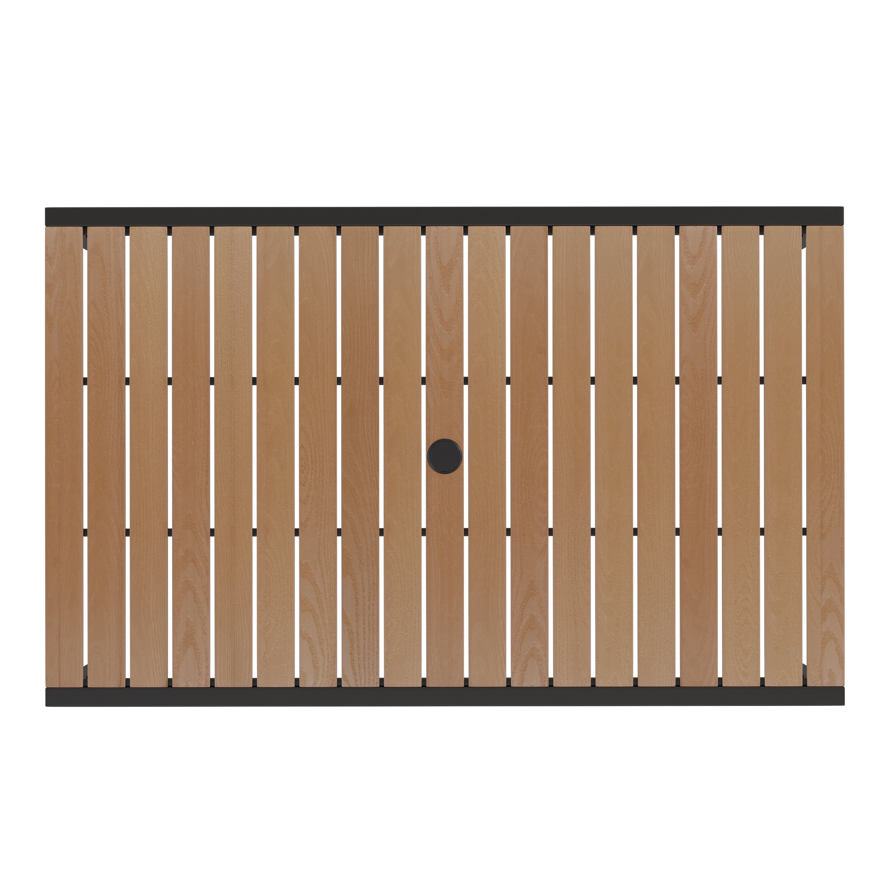 Lark Outdoor Dining Table with Synthetic Teak Poly Slats - 30" x 48" Steel Framed Restaurant Table with Umbrella Holder Hole