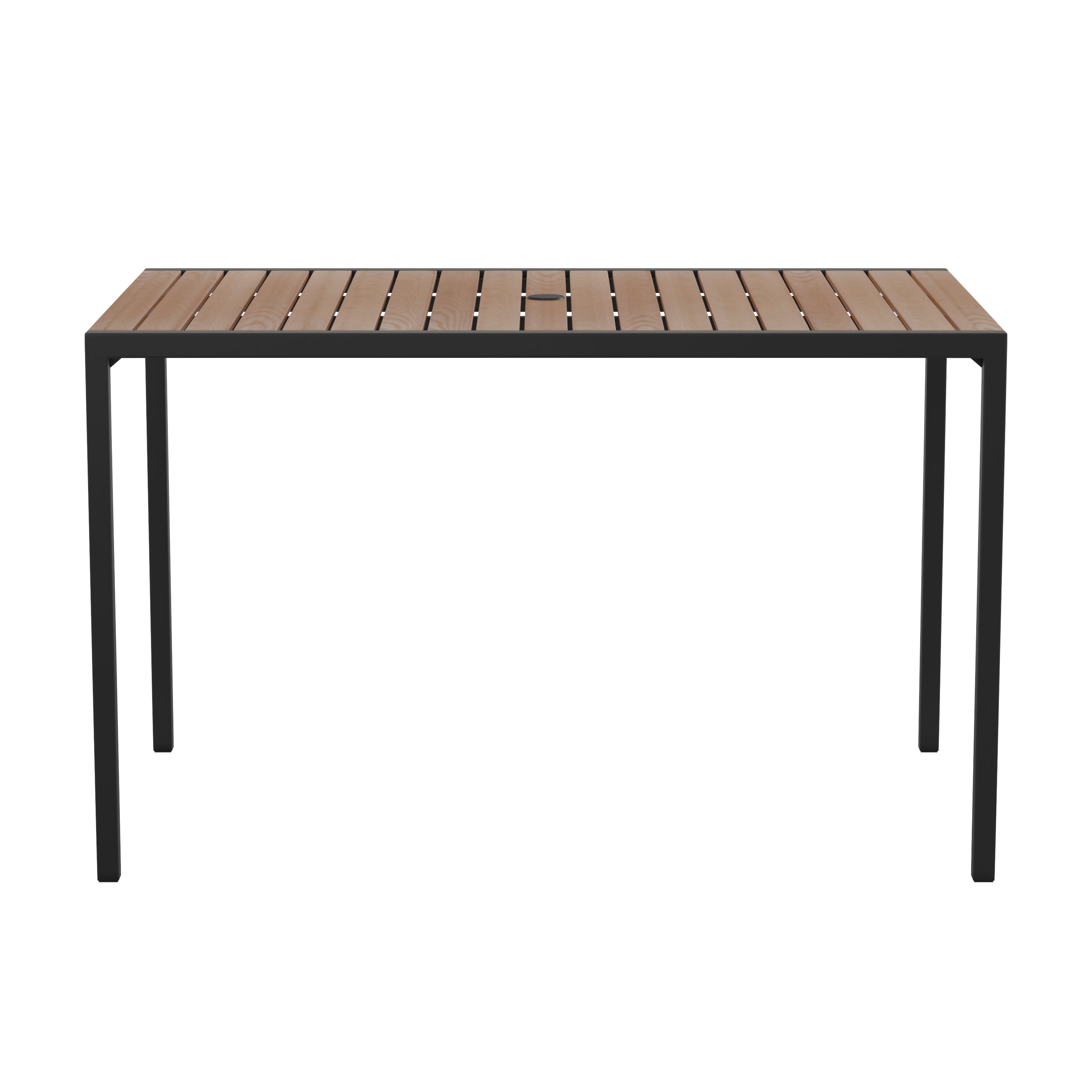 Lark Outdoor Dining Table with Synthetic Teak Poly Slats - 30" x 48" Steel Framed Restaurant Table with Umbrella Holder Hole