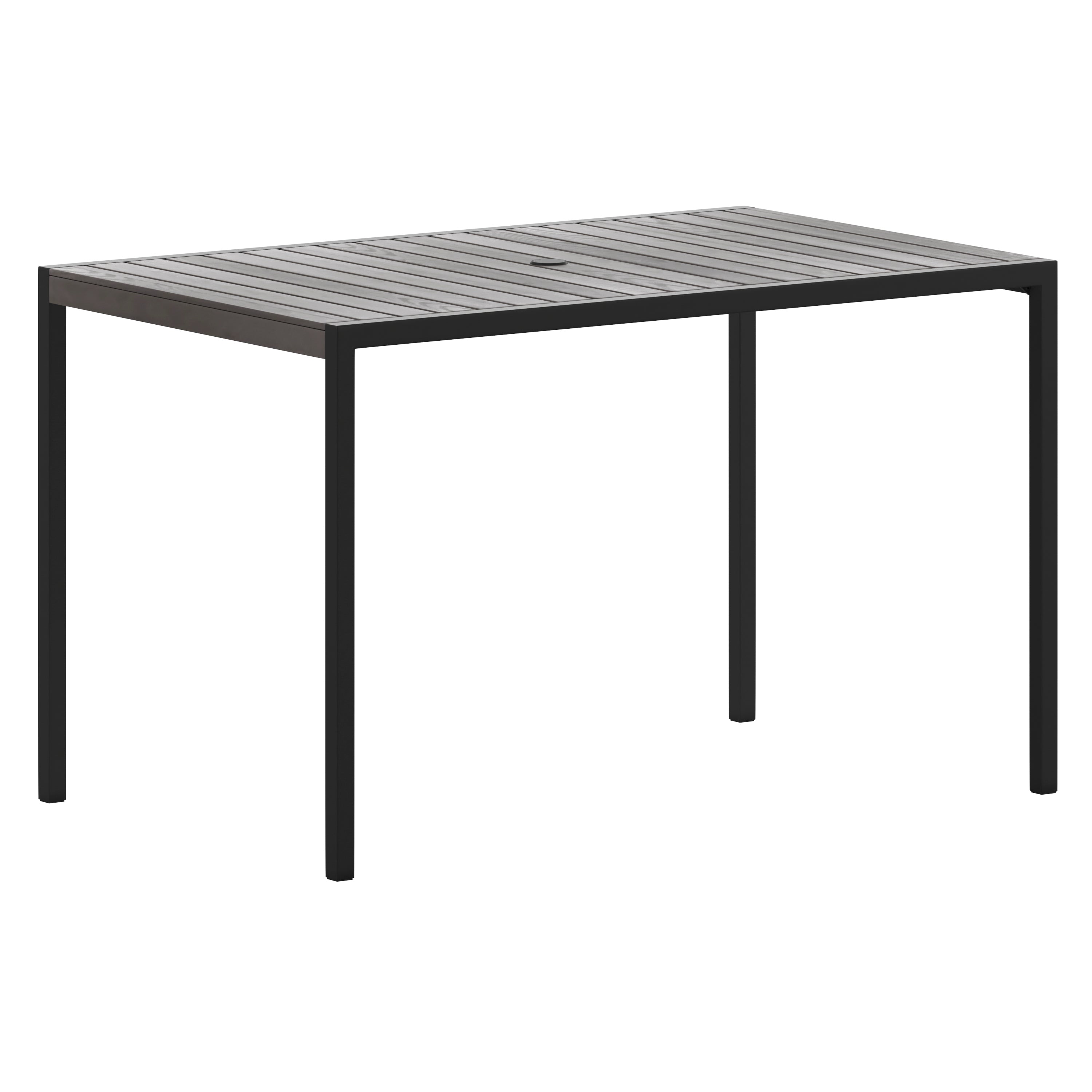 Lark Outdoor Dining Table with Synthetic Gray Wash Teak Poly Slats - 30" x 48" Steel Framed Restaurant Table with Umbrella Holder Hole
