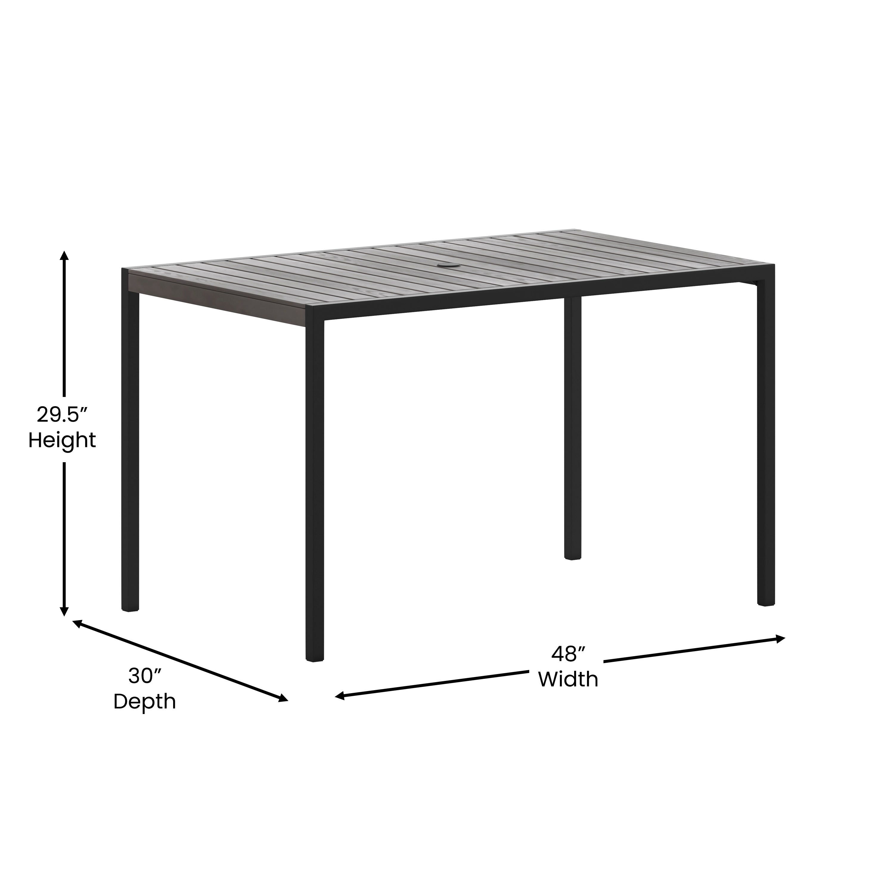 Lark Outdoor Dining Table with Synthetic Gray Wash Teak Poly Slats - 30" x 48" Steel Framed Restaurant Table with Umbrella Holder Hole