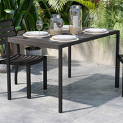 Lark Outdoor Dining Table with Synthetic Gray Wash Teak Poly Slats - 30" x 48" Steel Framed Restaurant Table with Umbrella Holder Hole