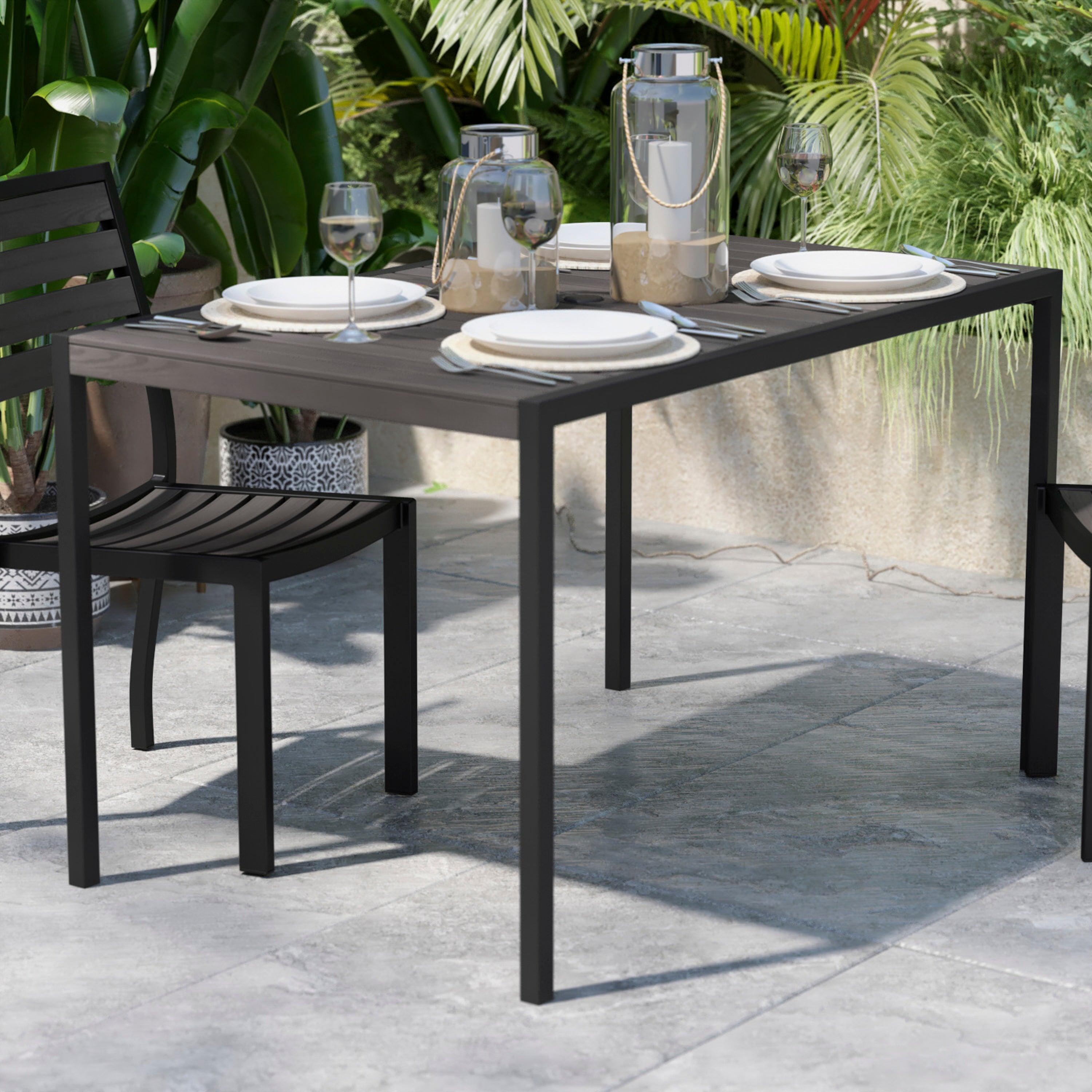Lark Outdoor Dining Table with Synthetic Gray Wash Teak Poly Slats - 30" x 48" Steel Framed Restaurant Table with Umbrella Holder Hole