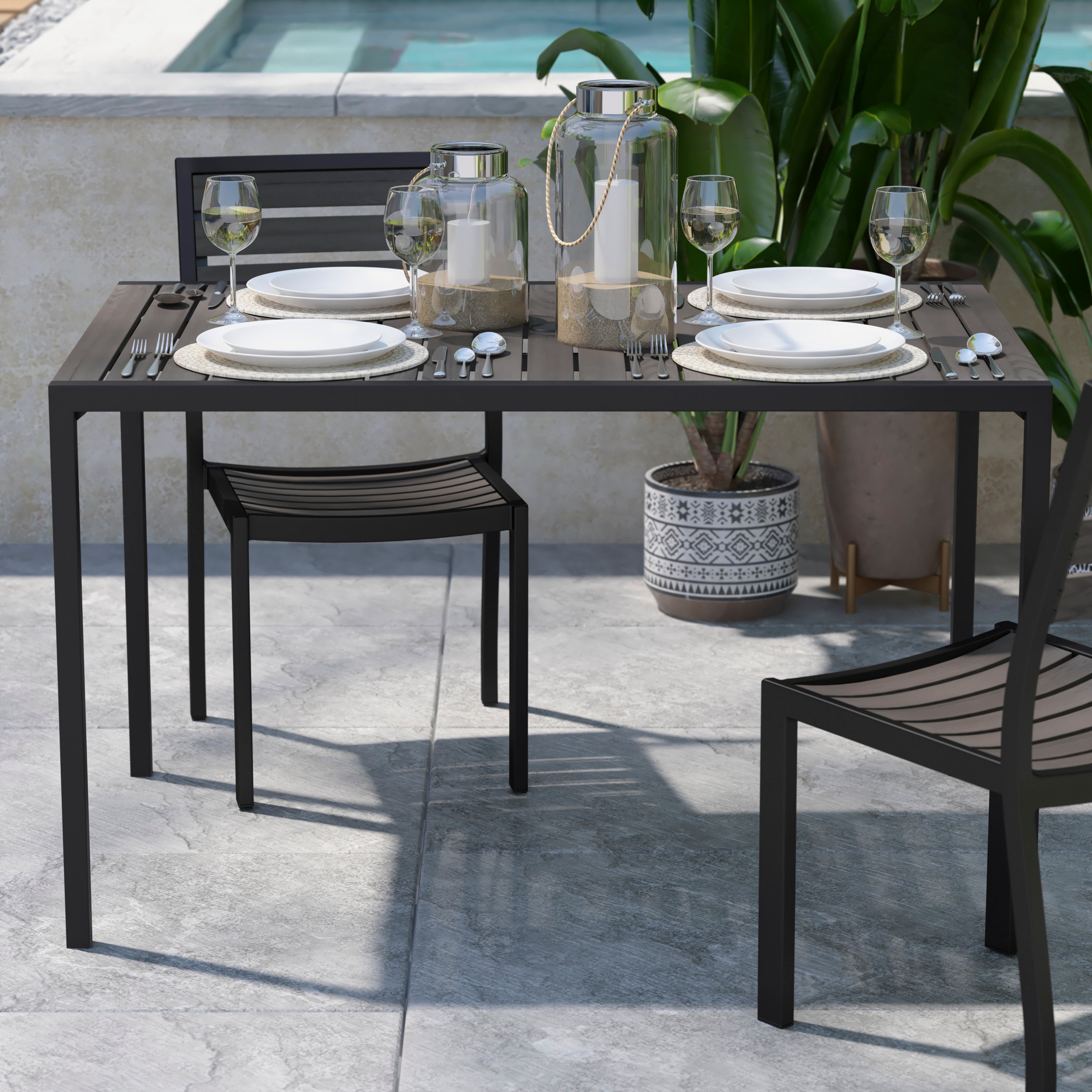 Lark Outdoor Dining Table with Synthetic Gray Wash Teak Poly Slats - 30" x 48" Steel Framed Restaurant Table with Umbrella Holder Hole