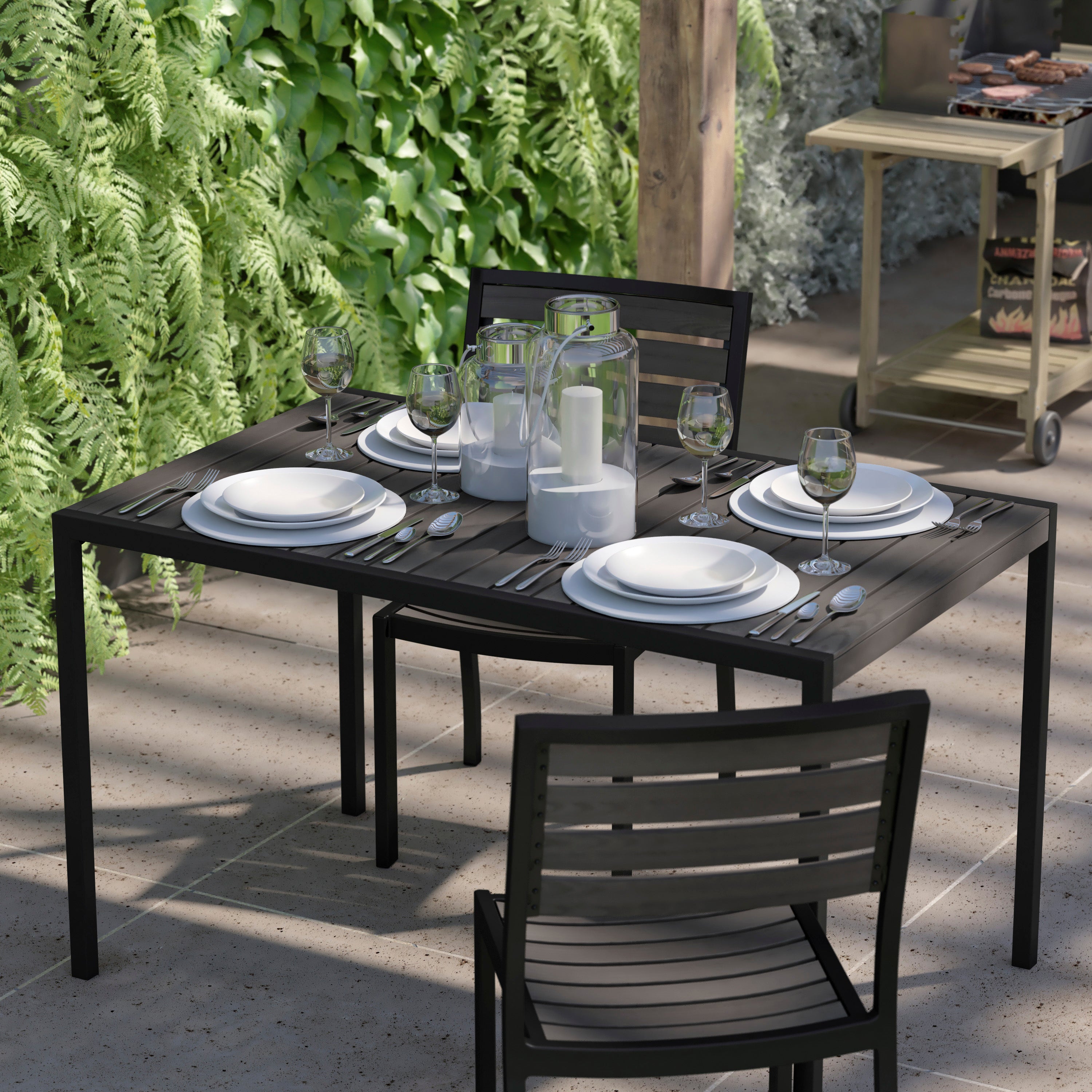 Lark Outdoor Dining Table with Synthetic Gray Wash Teak Poly Slats - 30" x 48" Steel Framed Restaurant Table with Umbrella Holder Hole