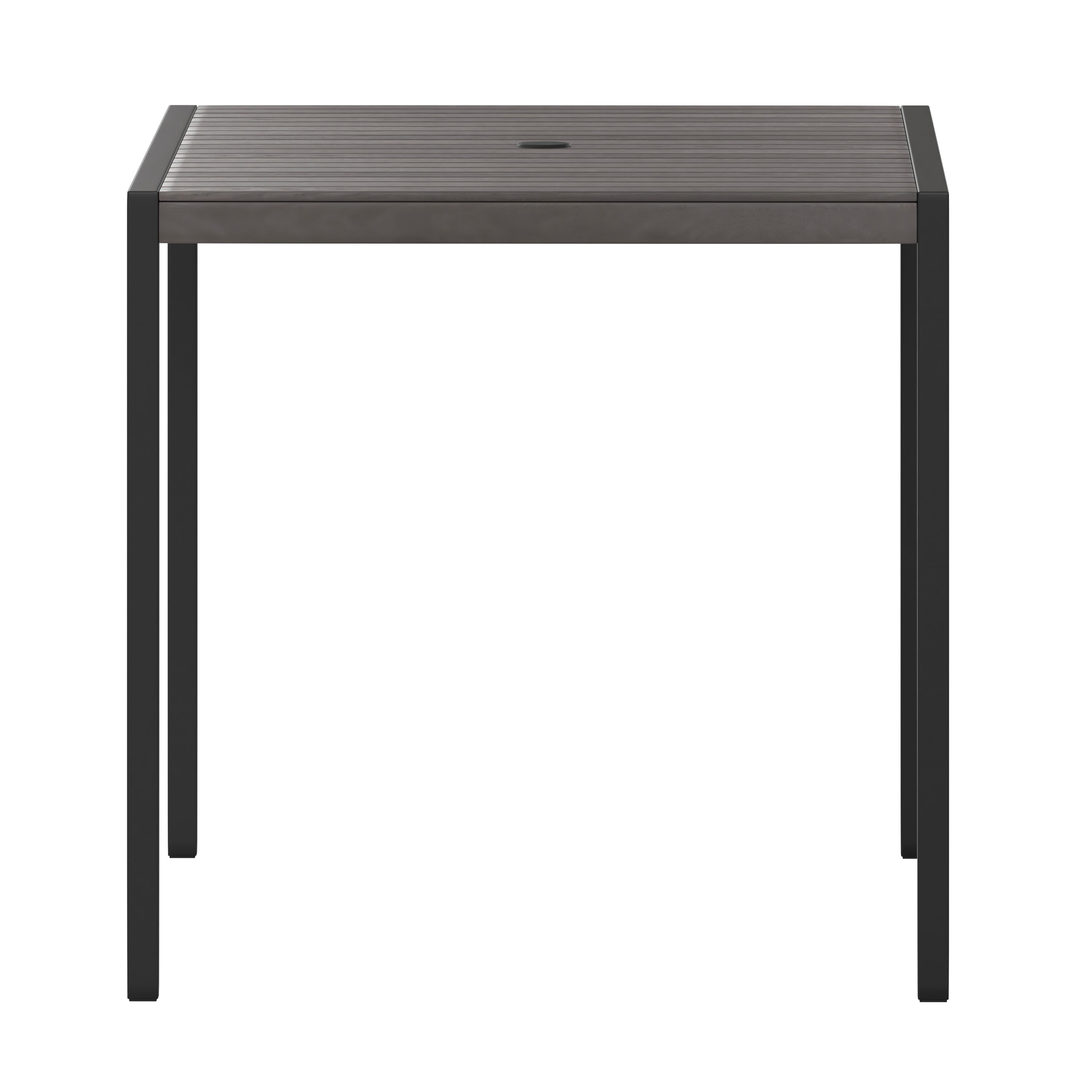 Lark Outdoor Dining Table with Synthetic Gray Wash Teak Poly Slats - 30" x 48" Steel Framed Restaurant Table with Umbrella Holder Hole
