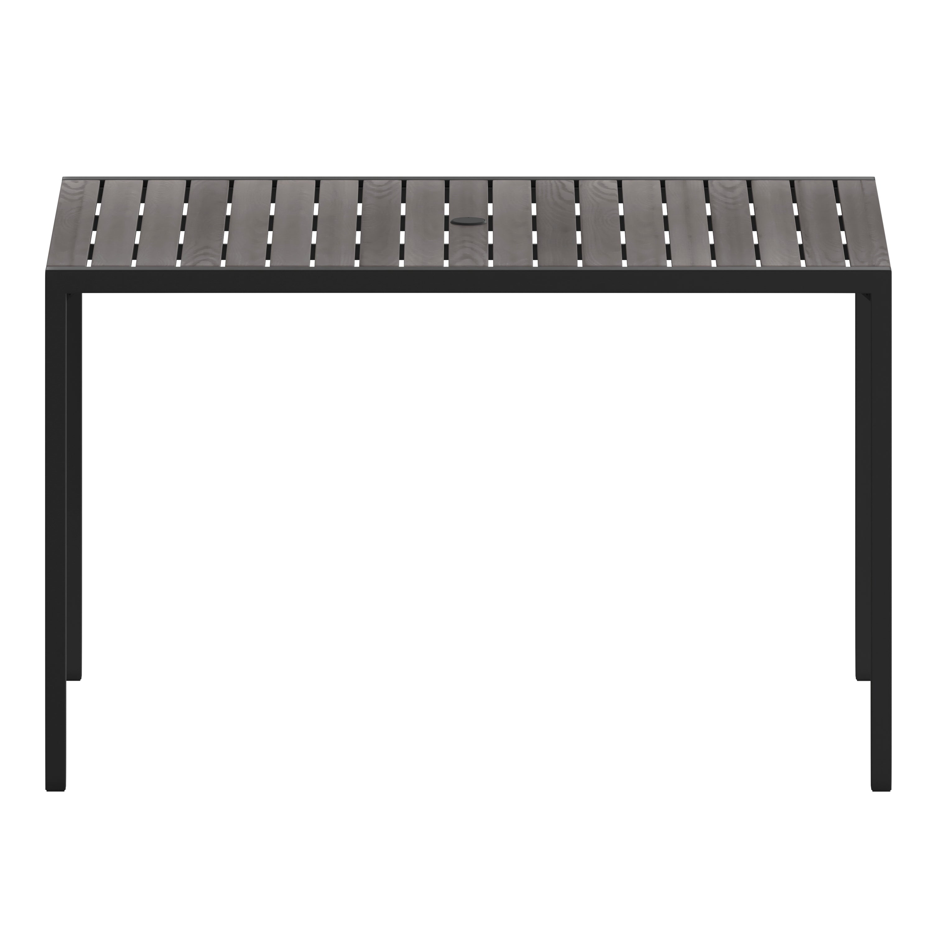 Lark Outdoor Dining Table with Synthetic Gray Wash Teak Poly Slats - 30" x 48" Steel Framed Restaurant Table with Umbrella Holder Hole