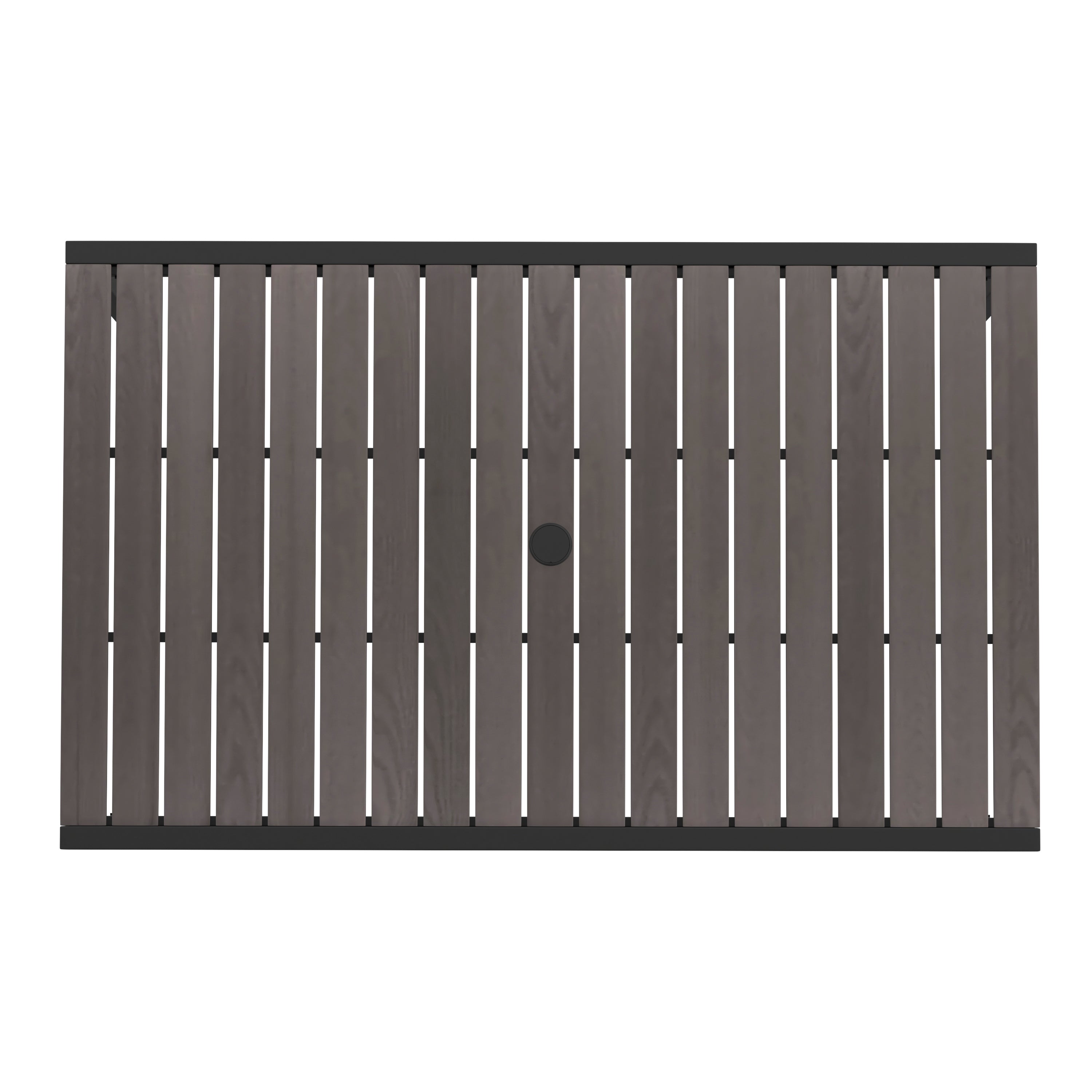 Lark Outdoor Dining Table with Synthetic Gray Wash Teak Poly Slats - 30" x 48" Steel Framed Restaurant Table with Umbrella Holder Hole