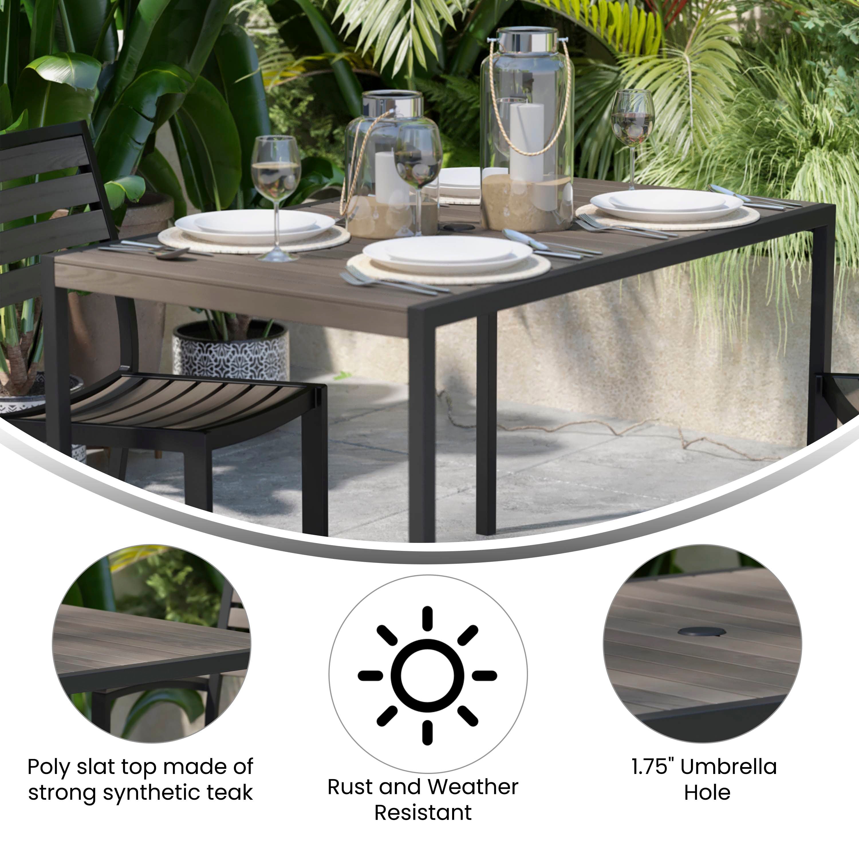 Lark Outdoor Dining Table with Synthetic Gray Wash Teak Poly Slats - 30" x 48" Steel Framed Restaurant Table with Umbrella Holder Hole
