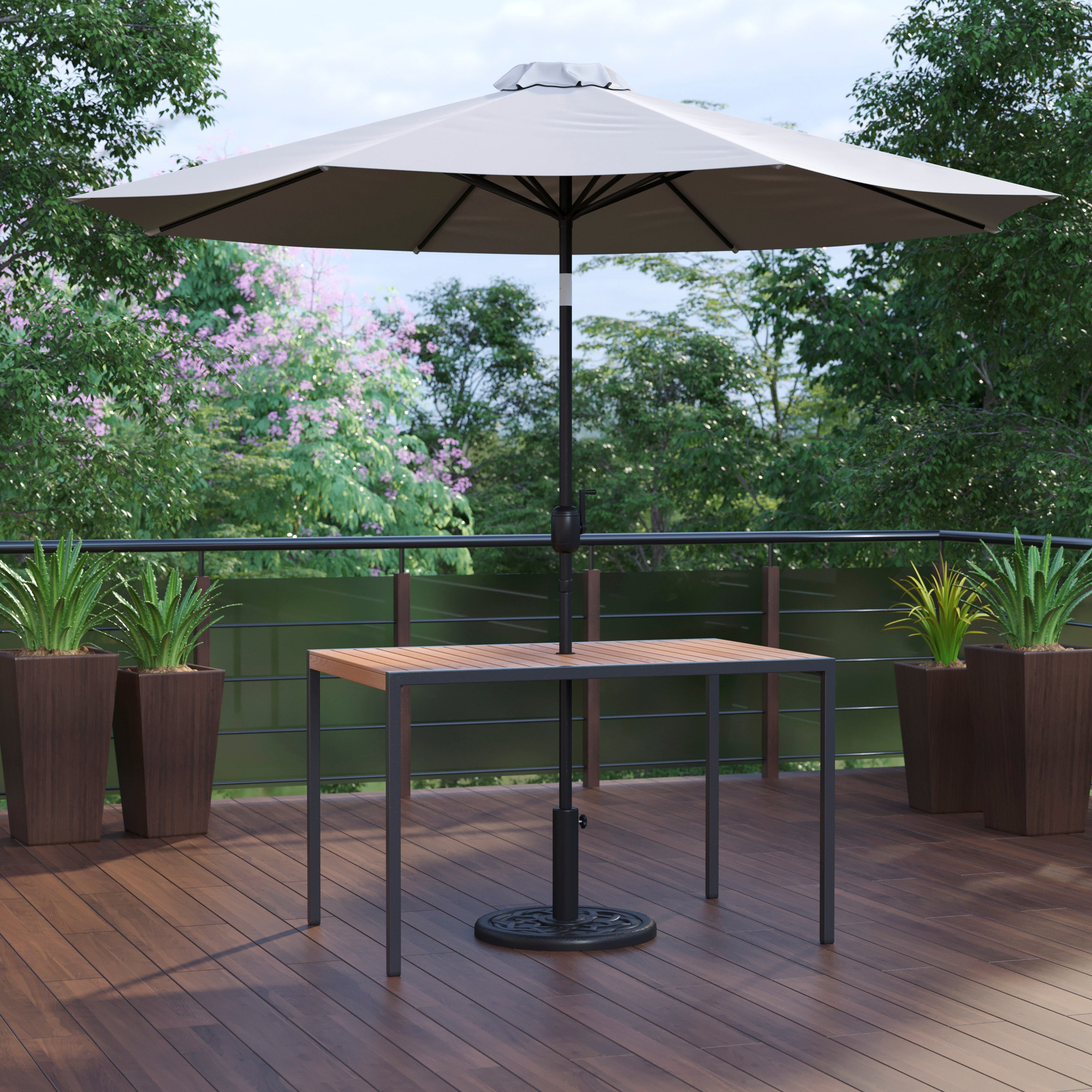Lark 3 Piece Outdoor Patio Table Set - 30" x 48" Synthetic Teak Patio Table with Gray Umbrella and Base