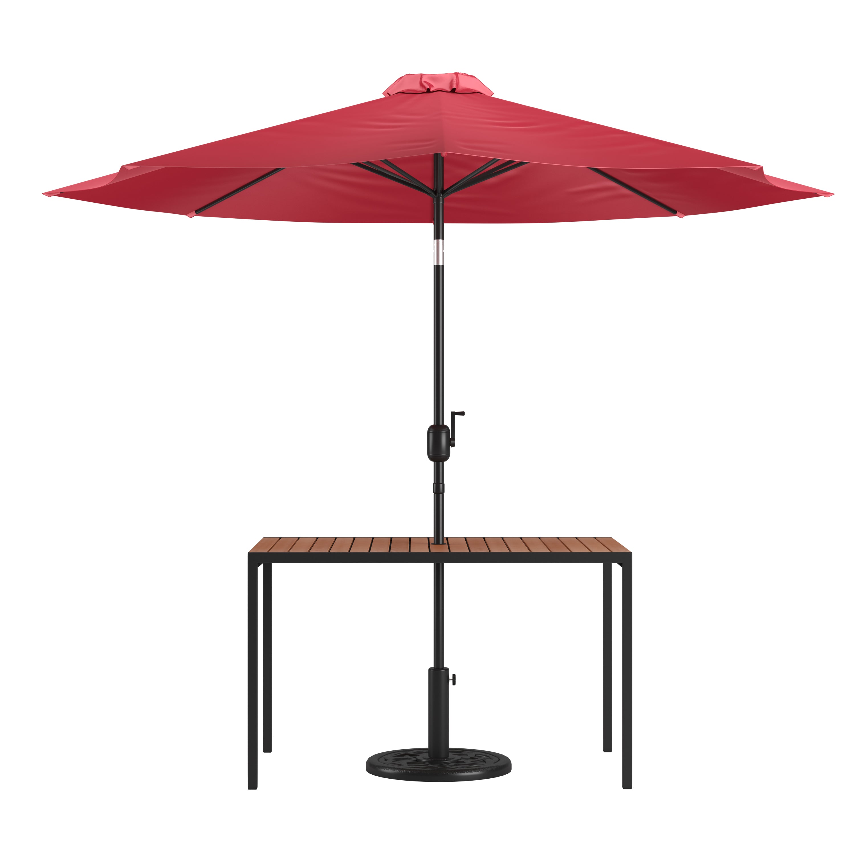 Lark 3 Piece Outdoor Patio Table Set - 30" x 48" Synthetic Teak Patio Table with Red Umbrella and Base
