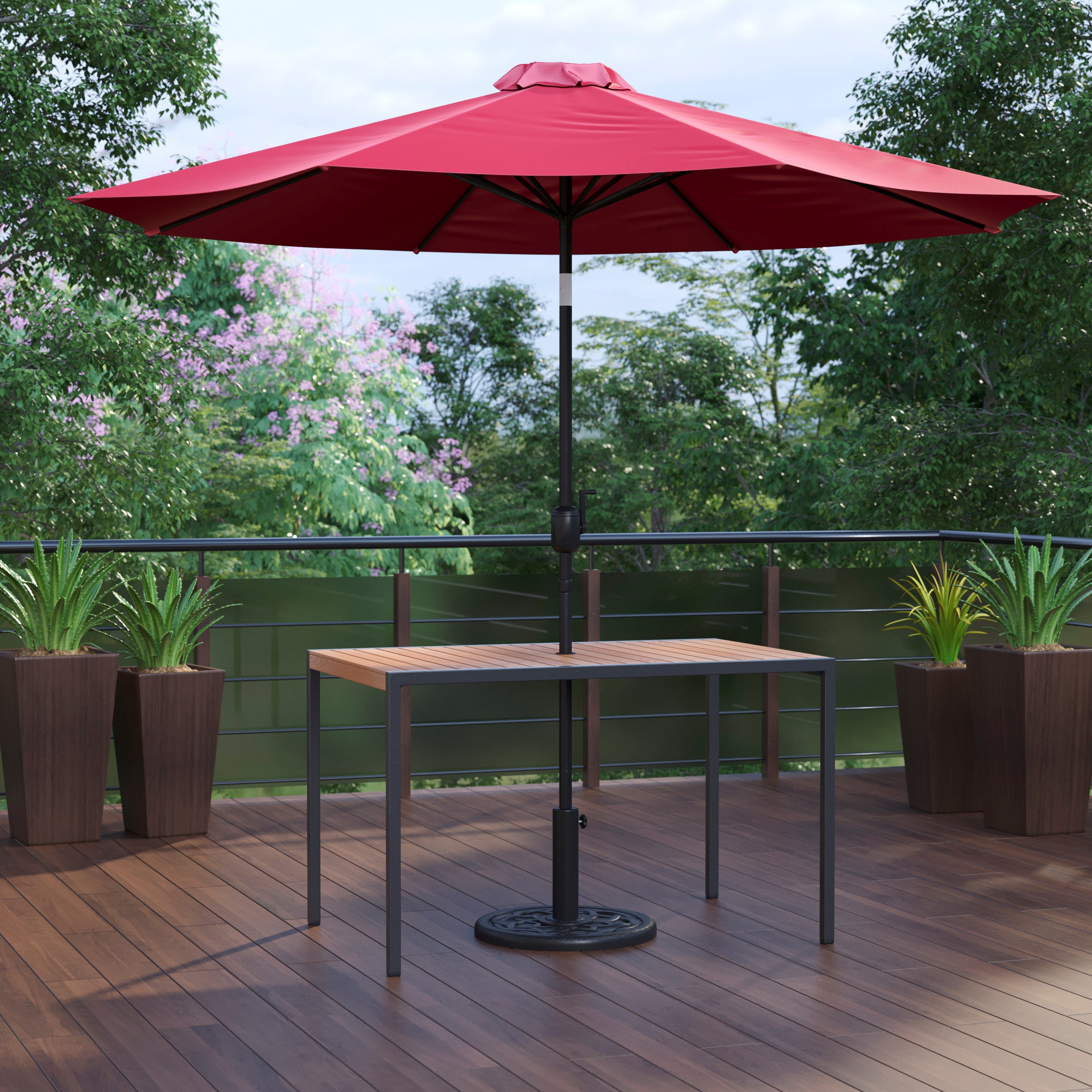 Lark 3 Piece Outdoor Patio Table Set - 30" x 48" Synthetic Teak Patio Table with Red Umbrella and Base