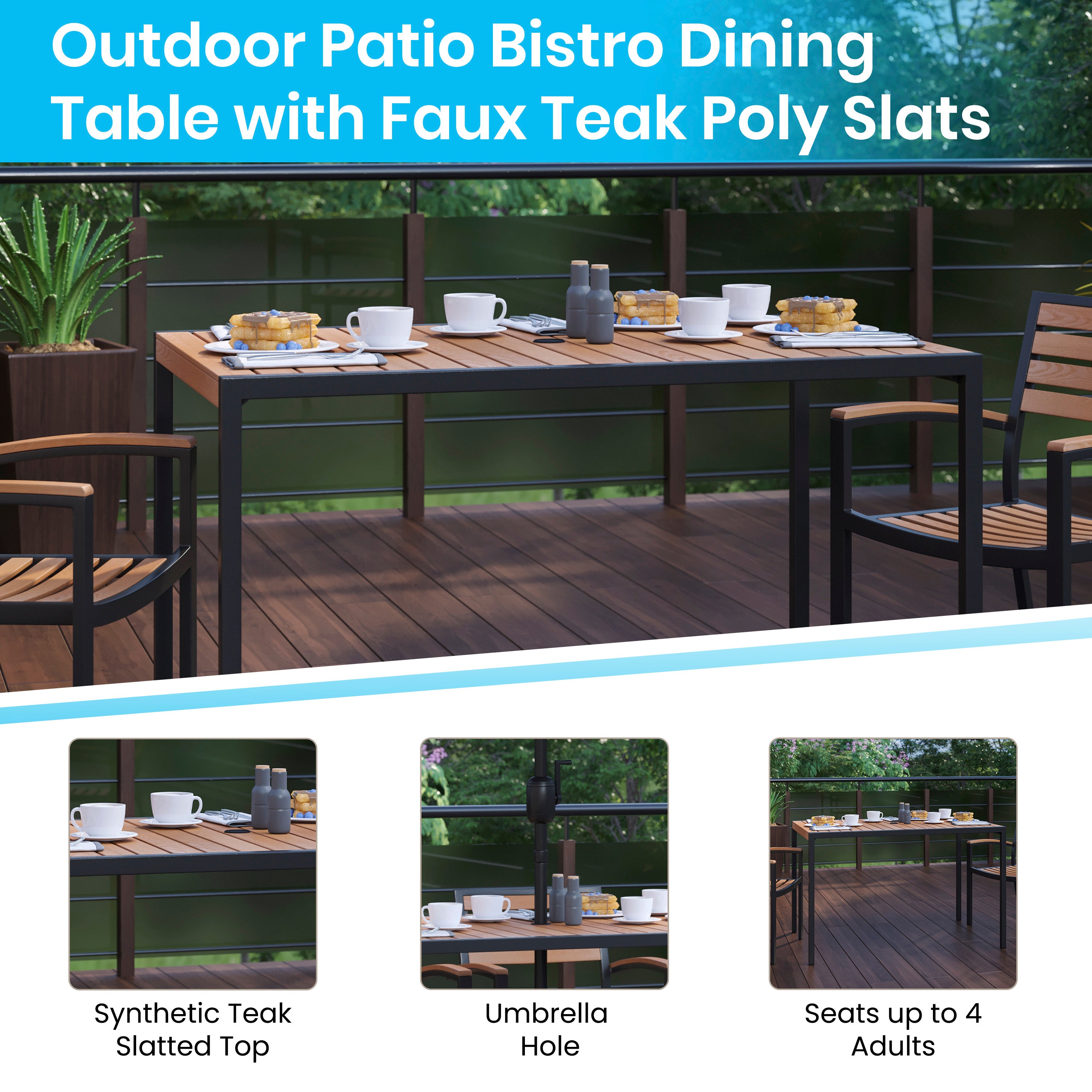 Lark 3 Piece Outdoor Patio Table Set - 30" x 48" Synthetic Teak Patio Table with Red Umbrella and Base
