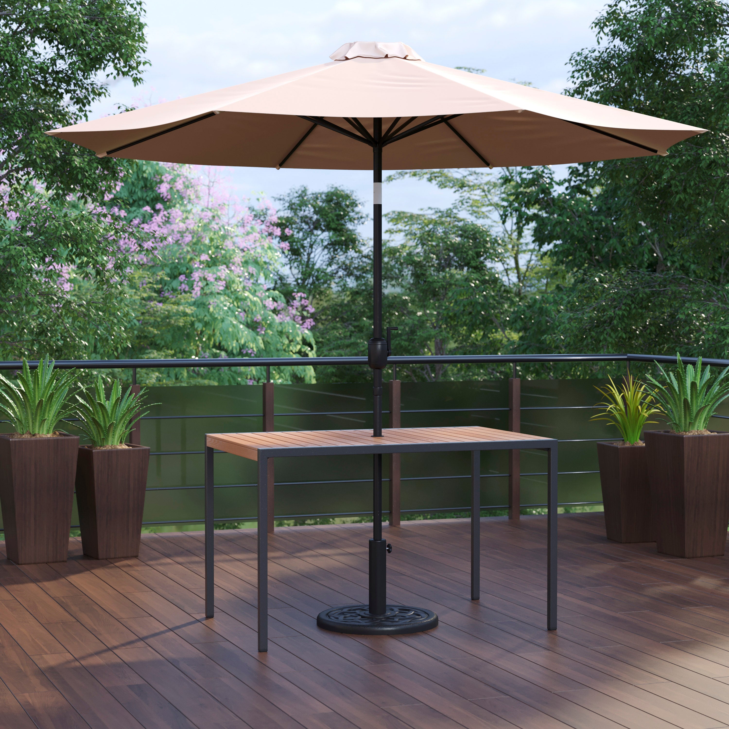 Lark 3 Piece Outdoor Patio Table Set - 30" x 48" Square Synthetic Teak Patio Table with Tan Umbrella and Base