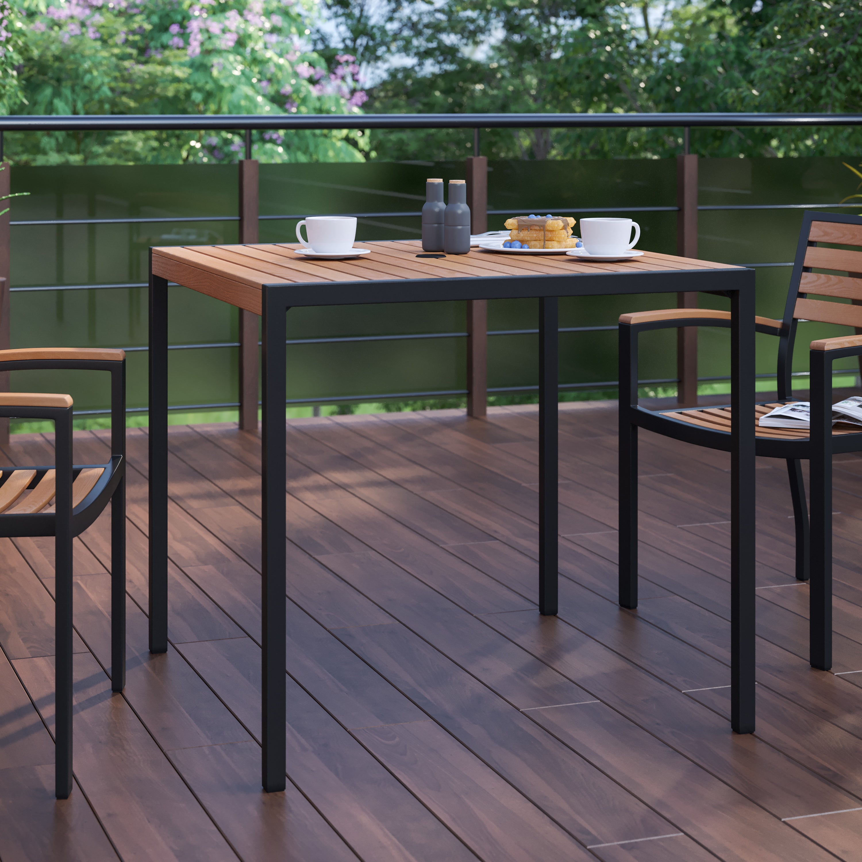 Lark Outdoor Dining Table with Synthetic Teak Poly Slats - 35" Square Steel Framed Restaurant Table with Umbrella Holder Hole