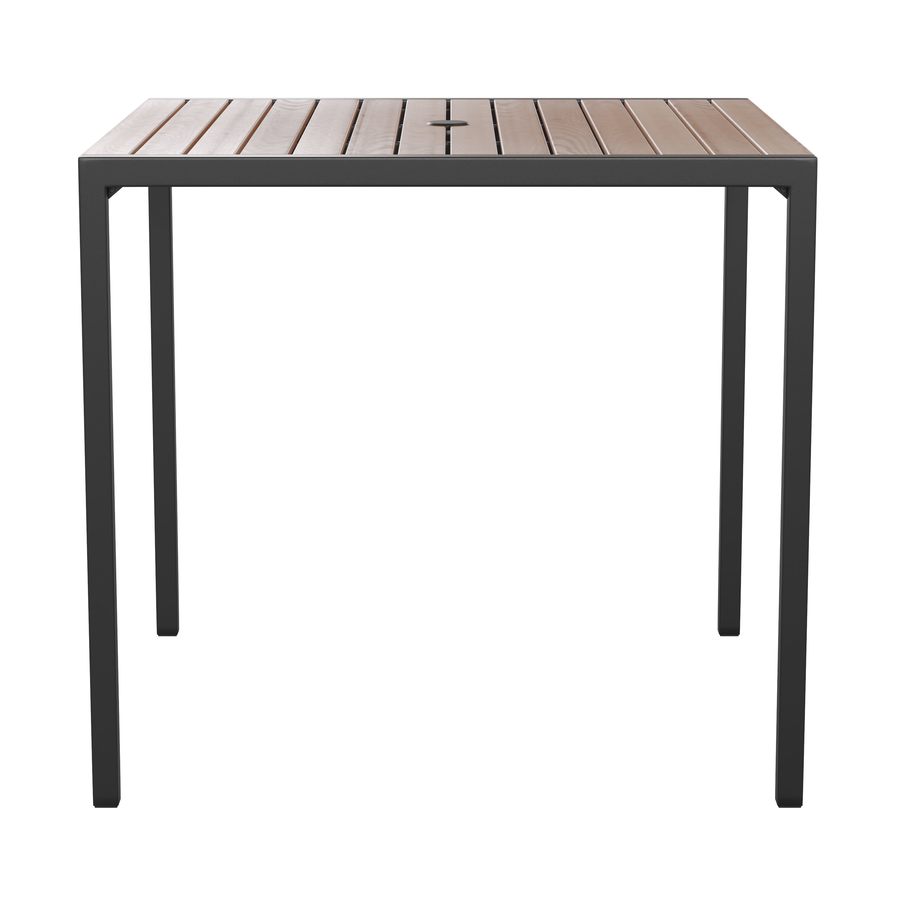 Lark Outdoor Dining Table with Synthetic Teak Poly Slats - 35" Square Steel Framed Restaurant Table with Umbrella Holder Hole